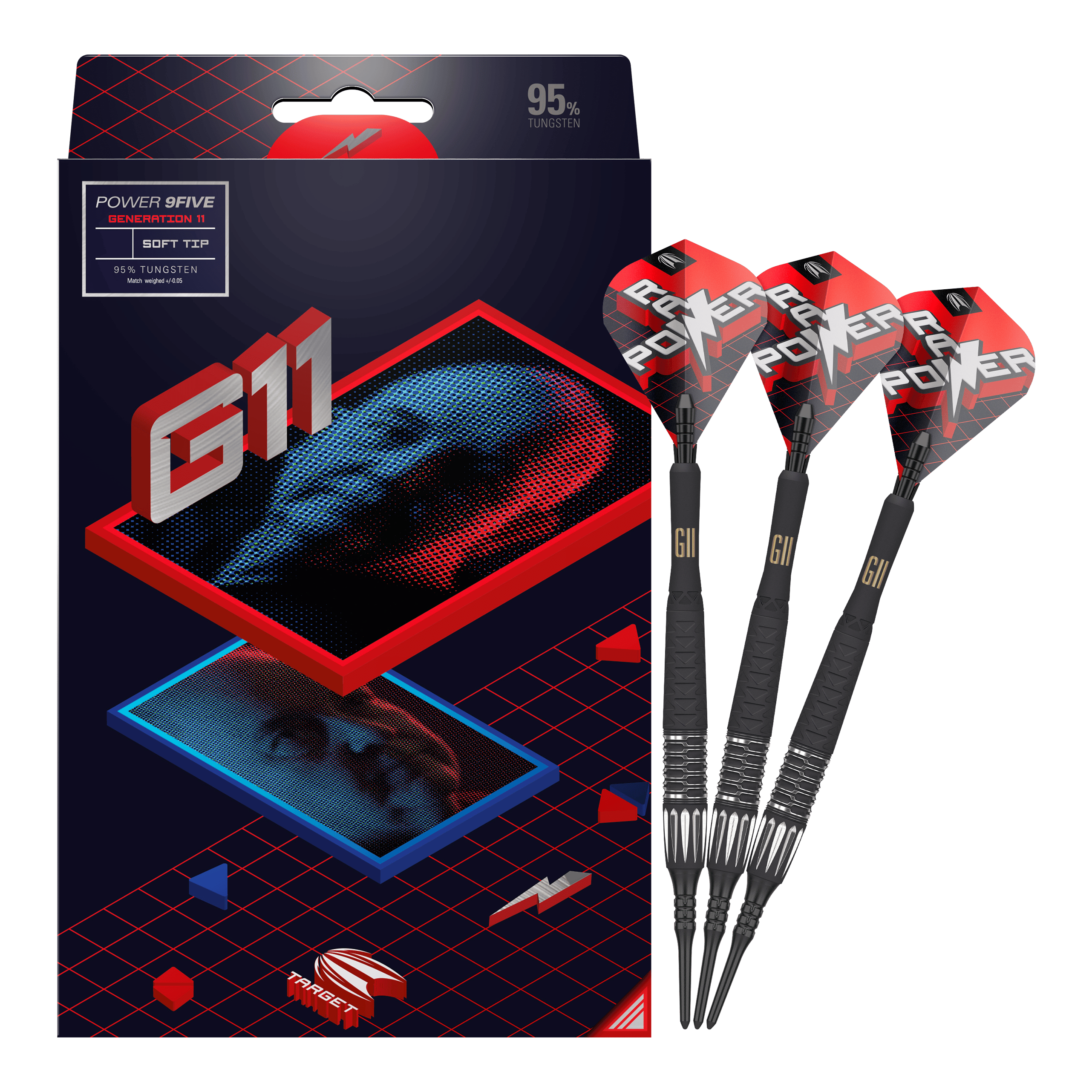 Das Bild zeigt eine Packung Softdarts der Marke Target, Modell "Power 9Five GEN 11". Neben der Verpackung sind drei schwarze Softdarts mit roten Flights abgebildet.