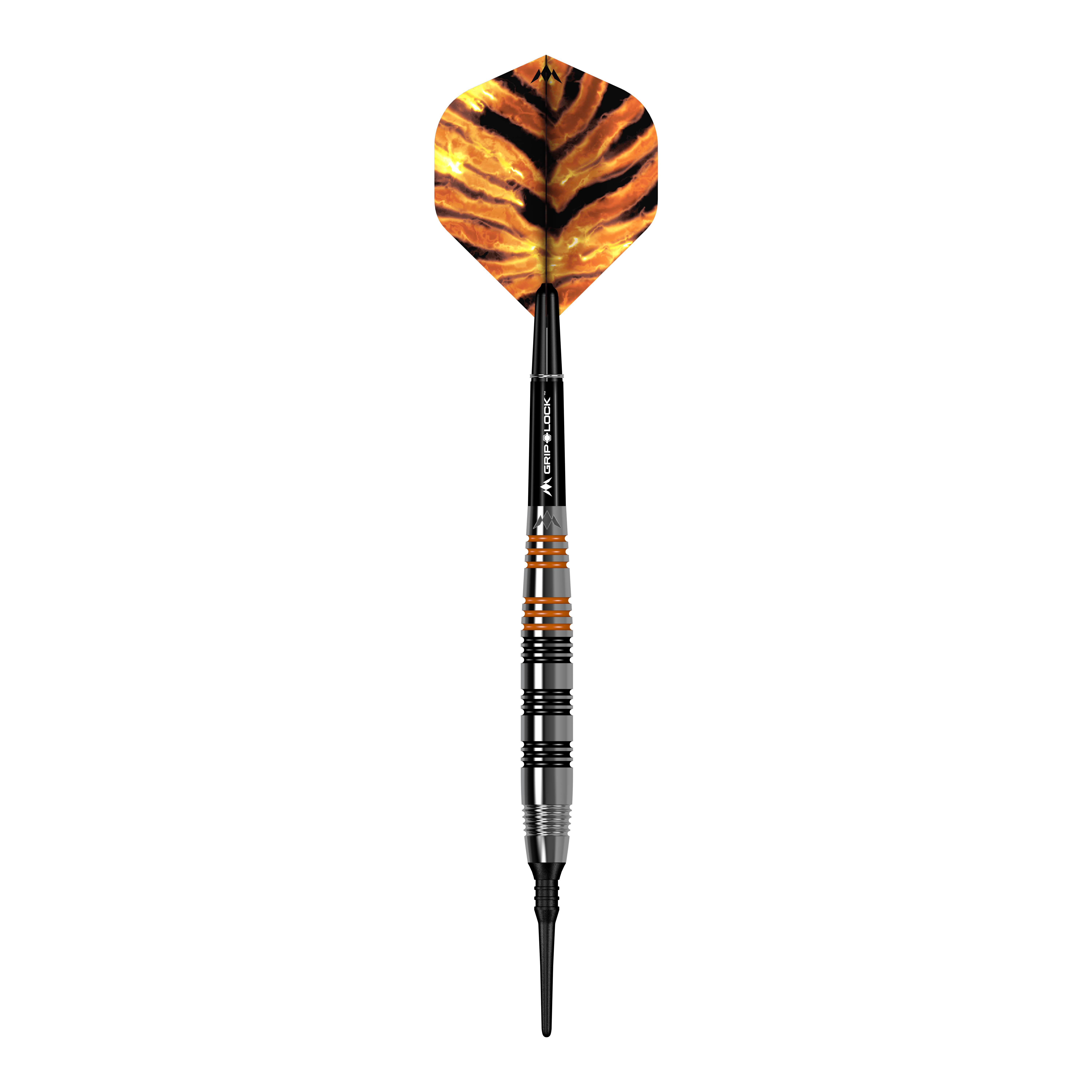 Mission Javan Brass Softdarts - 18g Das Bild zeigt einen Softdart namens "Mission Javan Brass Softdarts - 18g". Der Dart hat eine schwarz-orangene Spitze und eine Flügel mit einem Tigerstreifenmuster.