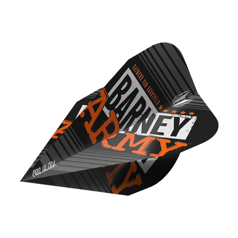 TG65_334350_Target_ProUltra_Barney_Army_Black_Vapor_Flights_2 Das Bild zeigt das Produkt "Target ProUltra Barney Army Black Vapor Flights". Die Dart-Flights sind schwarz mit auffälligem orangefarbenem und weißen Aufdruck gestaltet.