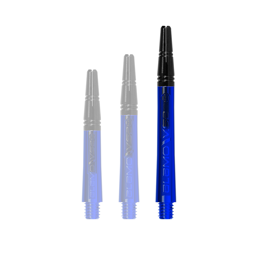 Das Bild zeigt drei blaue Dart-Schäfte in unterschiedlicher Länge, die aufrecht stehen. Die Schäfte haben schwarze Spitzen und sind aus robustem Material gefertigt.