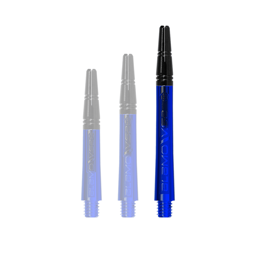 Harrows Alamo VS2 Shafts - Blau Das Bild zeigt drei blaue Dart-Schäfte in unterschiedlicher Länge, die aufrecht stehen. Die Schäfte haben schwarze Spitzen und sind aus robustem Material gefertigt.