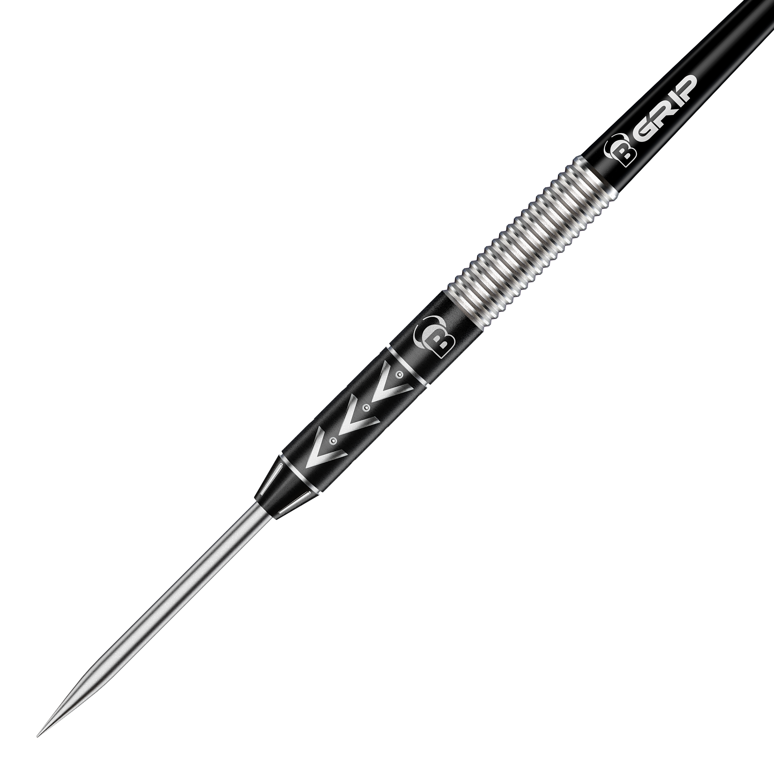 Bulls Challenger Arno Merk Steeldarts - 22g Das Bild zeigt einen Bulls Challenger Arno Merk Steeldart mit einem Gewicht von 22g. Der Dartpfeil hat ein silber-schwarzes Design mit markanten Rillen und einem spitzen Metallende.
