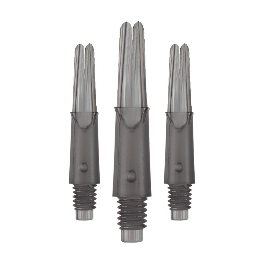 L-Style L-Shafts Locked Straight - Clear Black 130 Auf dem Bild sind drei transparente, schwarze Dart-Schäfte zu sehen. Sie stehen aufrecht nebeneinander und haben ein Gewinde am unteren Ende.