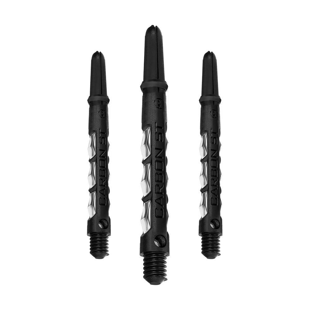 HR418_Harrows_Carbon_ST_Shafts_Clear_47mm_1t9nc2bnDx7NTk Das Bild zeigt drei klare Harrows Carbon ST Shafts. Sie sind schwarz mit silbernen Akzenten und für den Einsatz bei Darts gedacht.