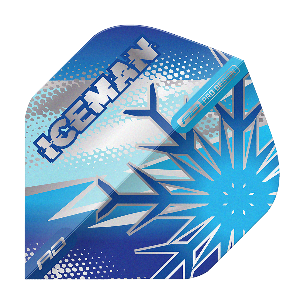 Das Bild zeigt ein Dart-Flight mit frostigem, blauem Design und einer großen Schneeflocke. Auf dem Flight steht das Wort "ICEMAN" in auffälligen Lettern.