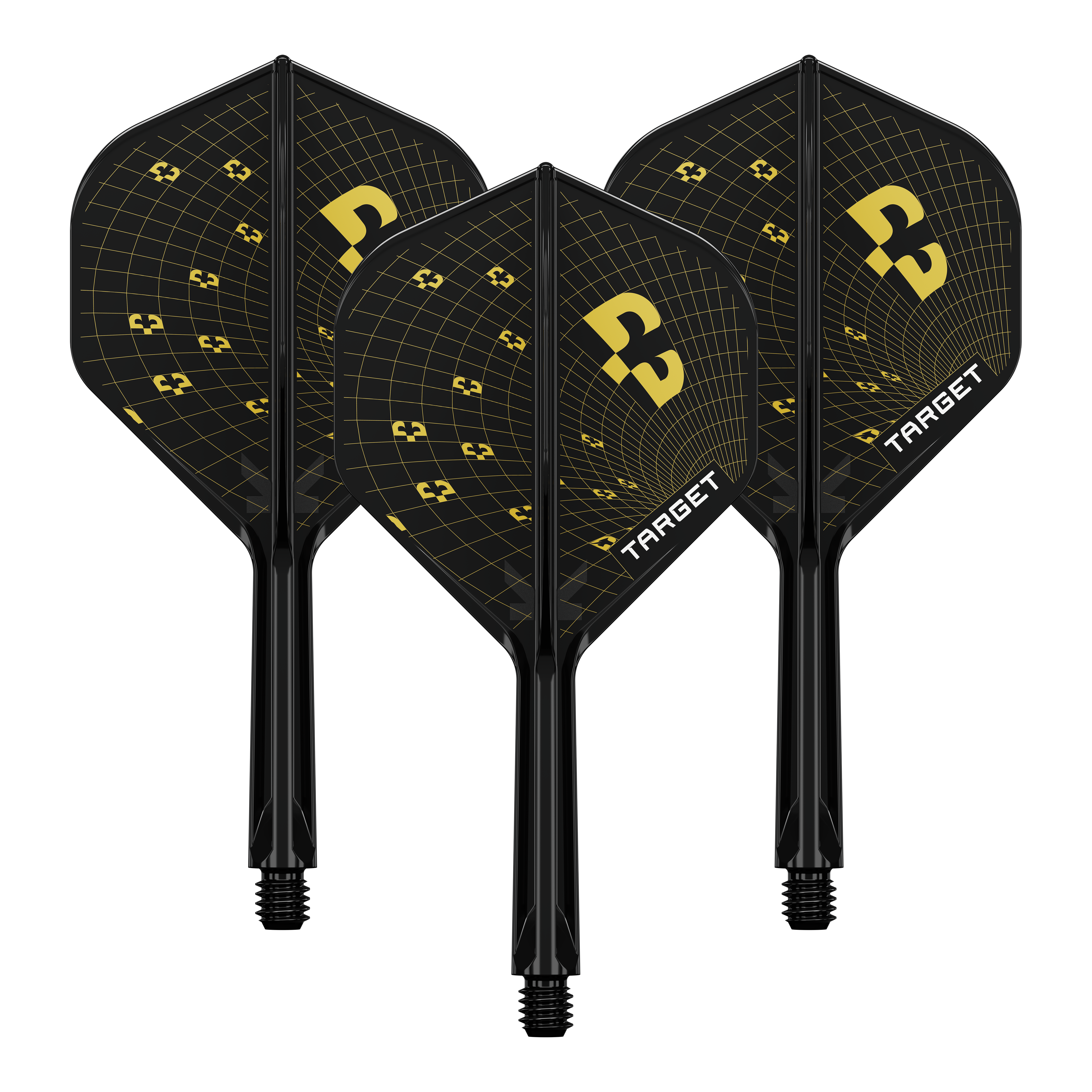 Das Bild zeigt ein Set von Target K-Flex Bolide No2 Standard Flights mit 26mm Länge. Die Flights sind nebeneinander angeordnet.