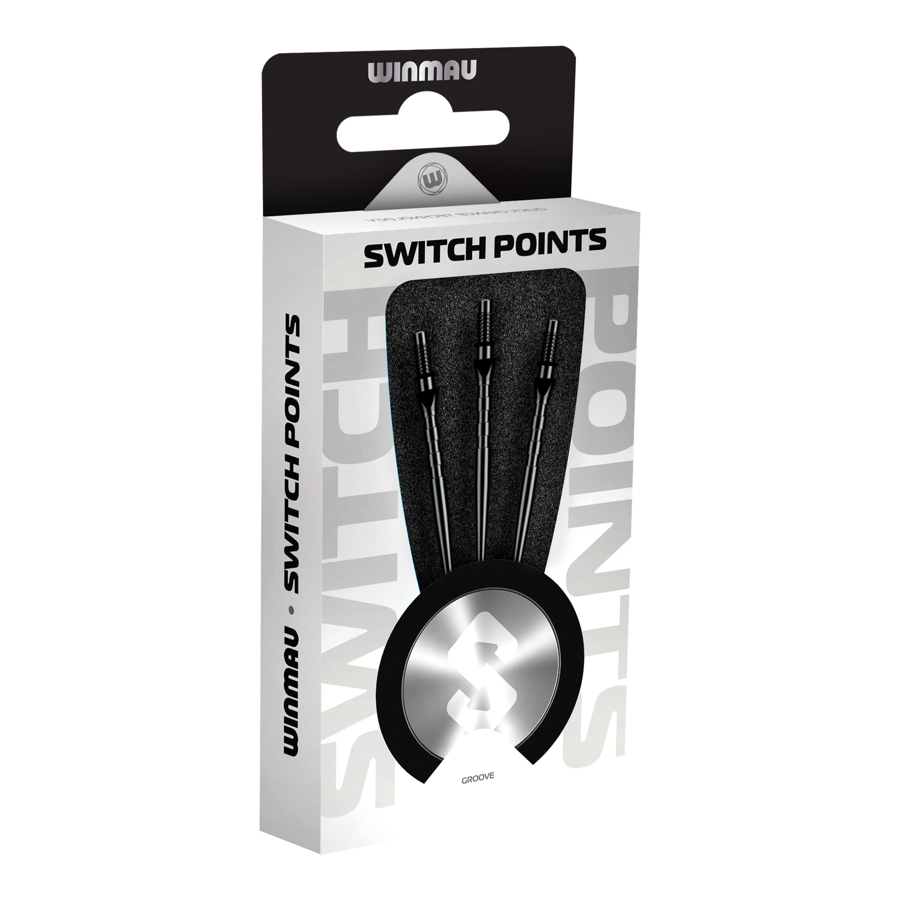 Winmau Switch Point Groove Steeldartspitzen - Schwarz Abgebildet sind Winmau Switch Point Groove Steeldartspitzen in Schwarz. Die Dartspitzen haben Rillen und eine schwarze Farbe.