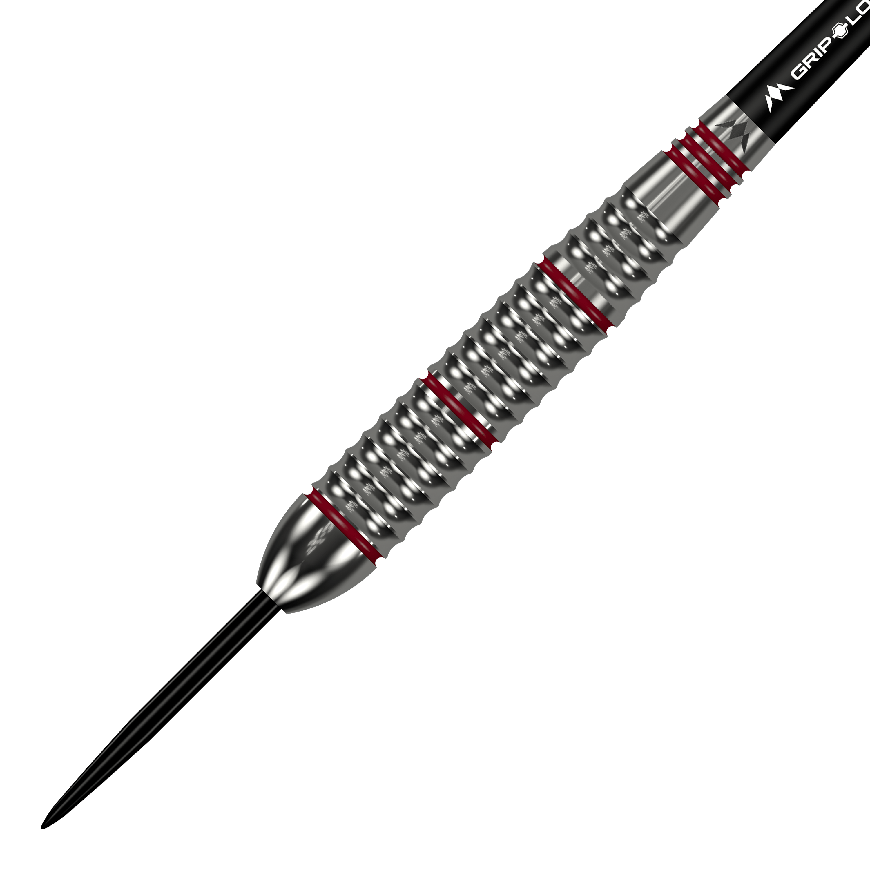 Mission Rogue Brass Steeldarts - 22g Das Bild zeigt einen Mission Rogue Brass Steeldart mit einem Gewicht von 22 Gramm. Der Dartpfeil hat ein silbernes, geriffeltes Barrel mit roten Akzenten.