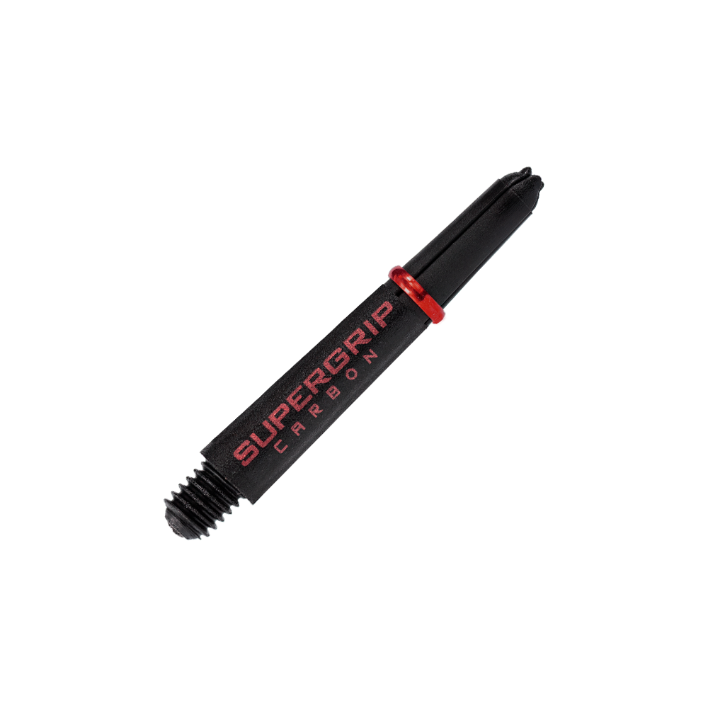 Das Bild zeigt einen Harrows Supergrip Carbon Shafts in Rot. Der Schaft ist schwarz mit roter Schrift und einem roten Ring.