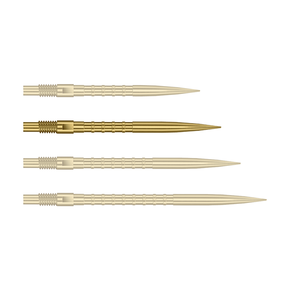 Abgebildet ist eine einzelne goldene Dartspitze mit 30mm Länge und Metallgriff. Es handelt sich um die Harrows Quick Point Heavy Metal Grip Dartspitzen Gold 30mm.