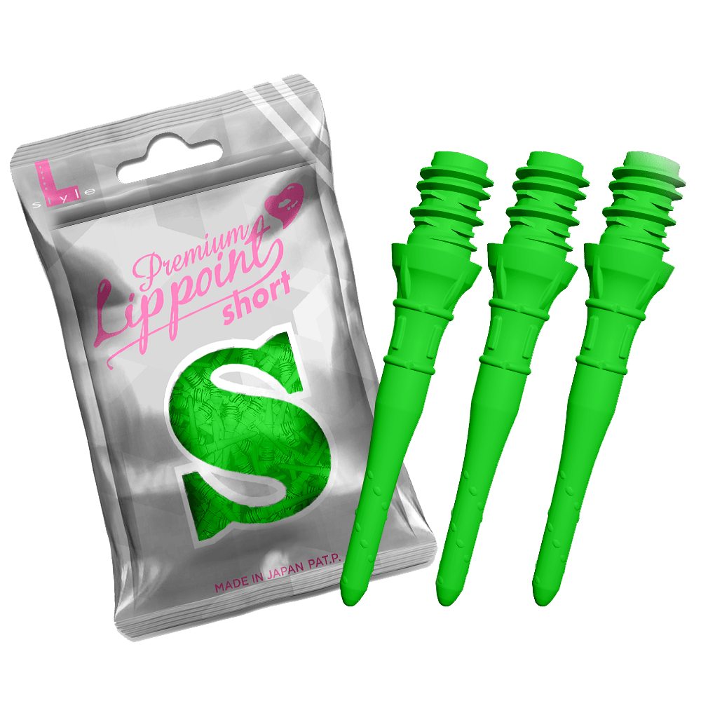 L-Style Premium Lippoints Short (30er Pack) Auf dem Bild ist eine silberne Verpackung mit der Aufschrift „Premium Lippoint short“ zu sehen. Daneben befinden sich drei kurze, neon-grüne Spitzen für Softdartpfeile.