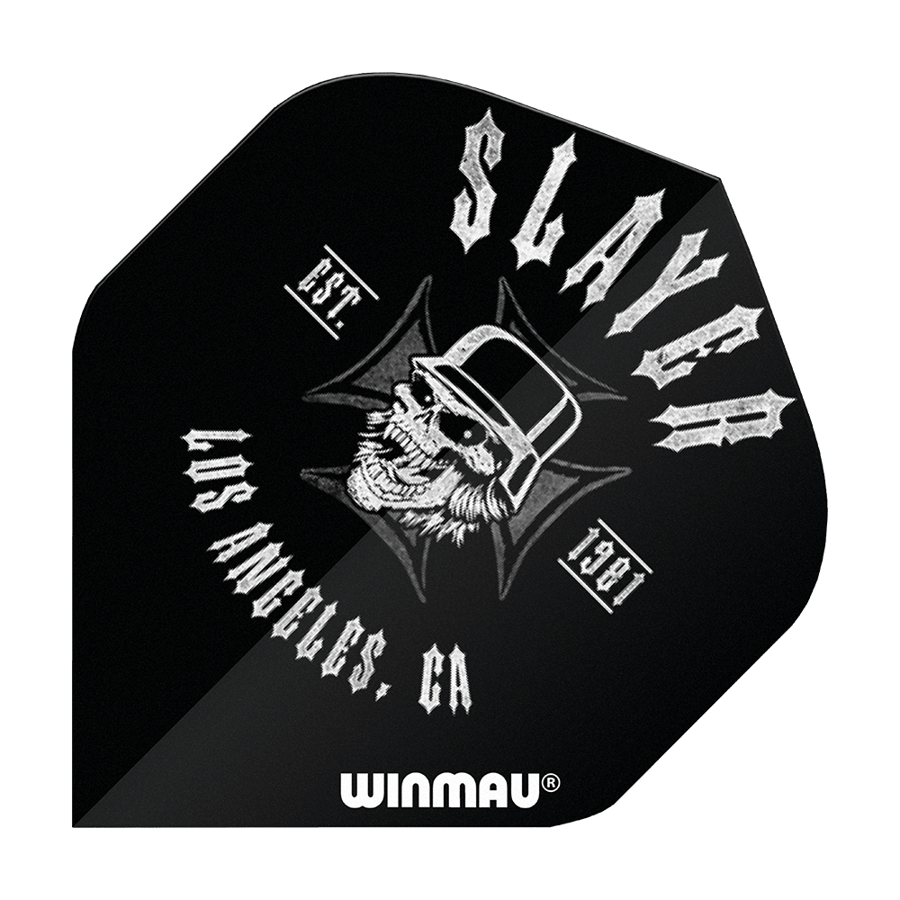 6905-222_Winmau_Rockstar_Legends_Slayer_LA_Standard_Flights_1 Das Bild zeigt ein schwarzes Dartflight mit einem weißen Totenkopf-Design und dem Schriftzug „Slayer“. Unten ist das Winmau-Logo zu sehen.