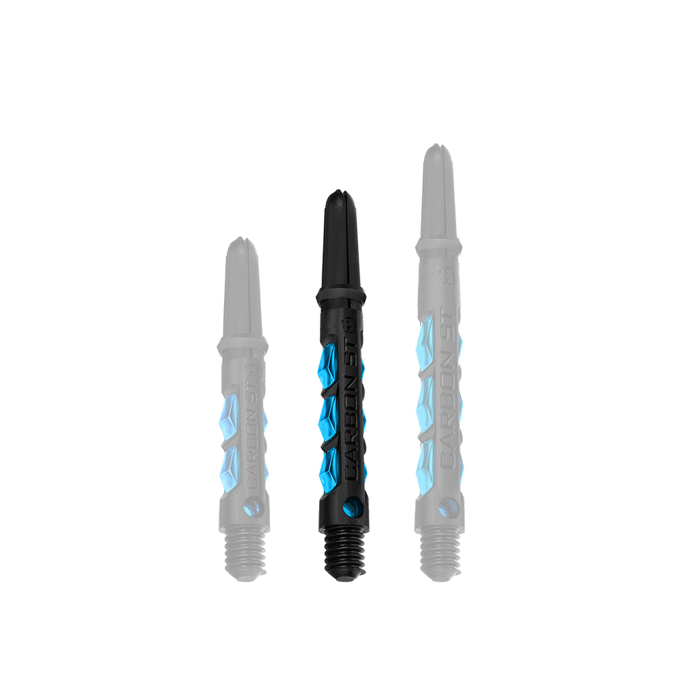 HR411_Harrows_Carbon_ST_Shafts_Aqua_40mm_1 Das Bild zeigt drei schwarze Harrows Carbon ST Shafts mit blauen Akzenten in der Farbe Aqua. Die Schäfte sind in unterschiedlichen Längen angeordnet und haben den Schriftzug "CARBON ST" aufgedruckt.