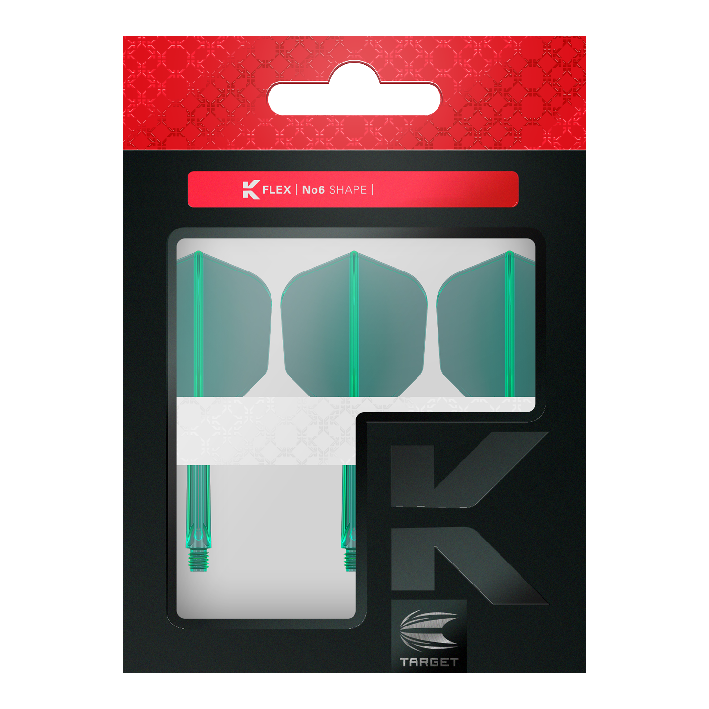 Das Bild zeigt eine Verpackung mit drei grünen Dartflights und Schäften der Marke Target. Die Verpackung ist überwiegend schwarz mit einem roten oberen Teil und einem Sichtfenster, durch das die Flights zu sehen sind.