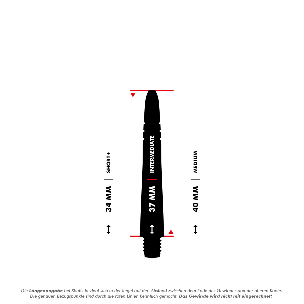 Das Bild zeigt drei verschiedene Längen von Dartshafts: 34 mm (Short+), 37 mm (Intermediate) und 40 mm (Medium). Die Längenangabe bezieht sich auf den Abstand zwischen dem Ende des Gewindes und der oberen Kante, das Gewinde wird nicht mit eingerechnet.