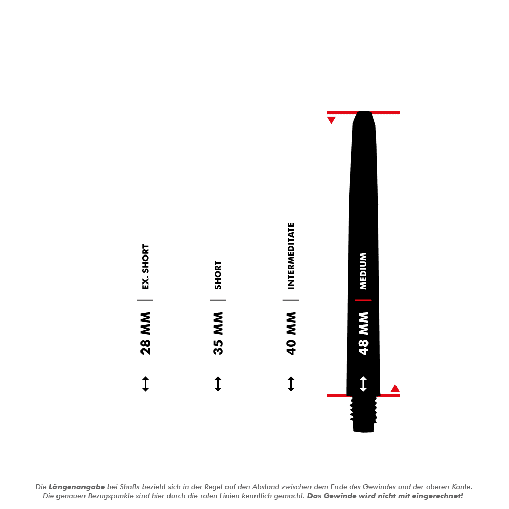 565_Nylon_Shafts_5_48mm Auf dem Bild sind schwarze Nylon Shafts in drei verschiedenen Längen abgebildet. Die Längenangabe bezieht sich auf den Abstand zwischen dem Ende des Gewindes und der oberen Kante, das Gewinde wird dabei nicht mit einberechnet.
