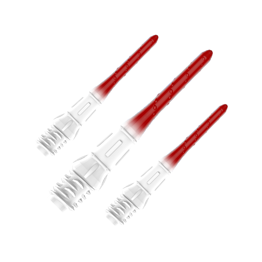 L-Style Premium Lippoint Gradiation Dartspitzen (30er Pack) Das Bild zeigt drei hochwertige Dartspitzen mit einem Farbverlauf von Weiß zu Rot. Die Spitzen sind ordentlich nebeneinander angeordnet und haben eine glänzende Oberfläche.