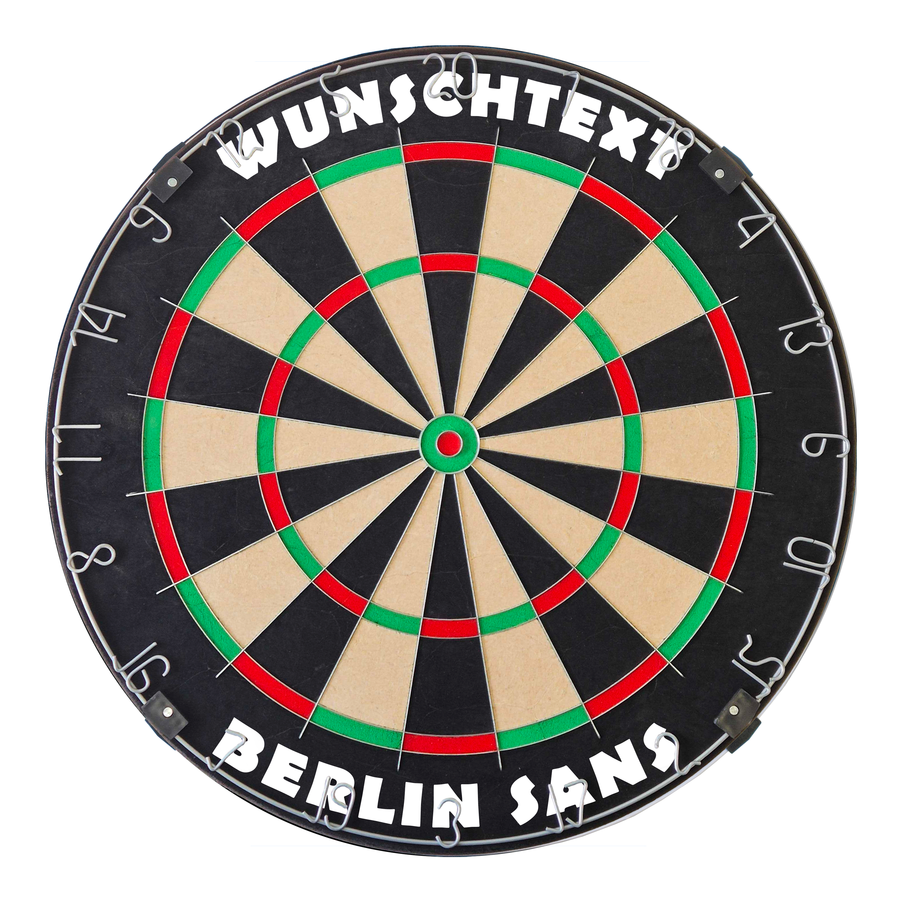 Dartboard mit Wunschtext Das Bild zeigt ein Dartboard mit silbernem Ring und BerlinSans-Schrift. Die Datei heißt 'MCDB_Dartboard_mit_Wunschtext_TraditionellerRingSilber_1_BerlinSans'.