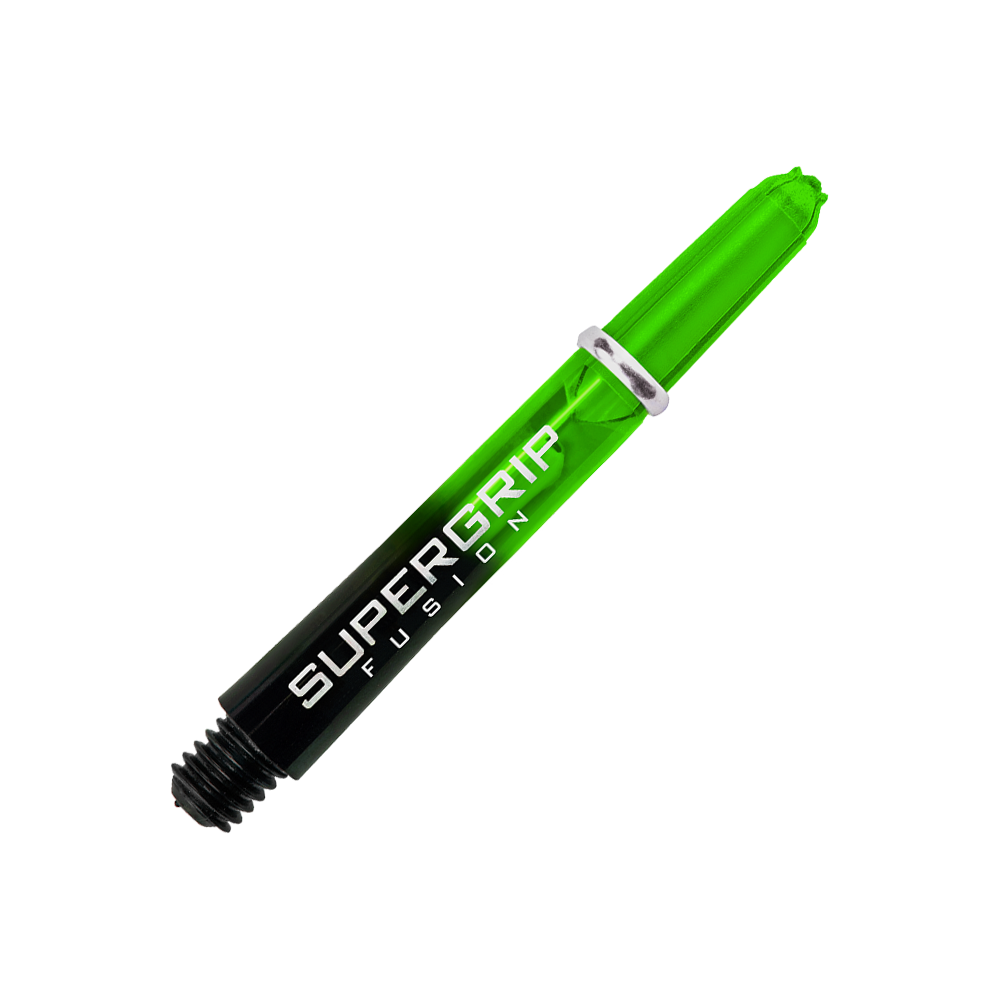 HR339_Harrows_Supergrip_Fusion_Shafts_Gr-n_33mm_29F1JCwnnLnDvV Das Bild zeigt einen grünen Harrows Supergrip Fusion Shaft. Auf dem Schaft steht der Schriftzug "Supergrip Fusion" in weißer Farbe.