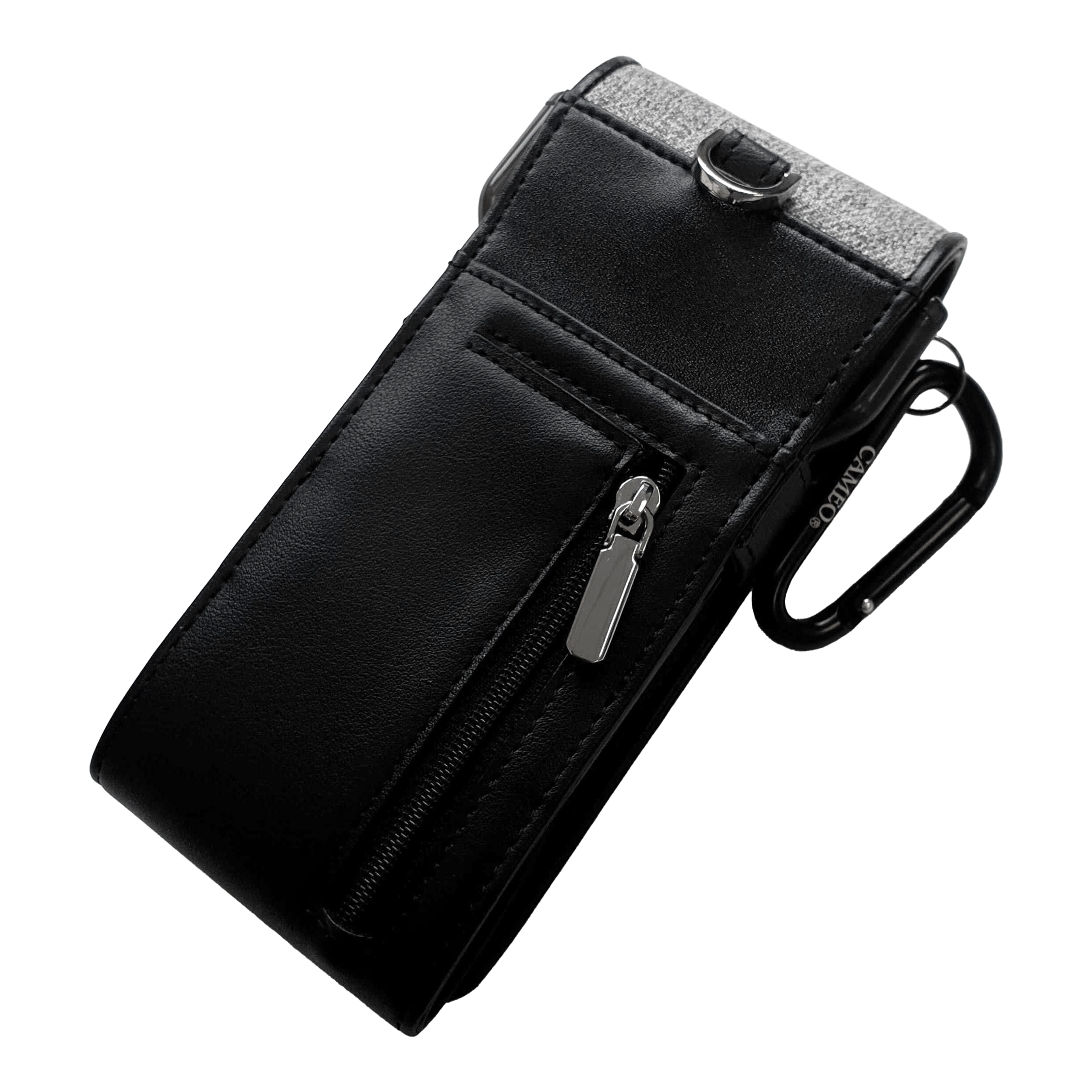 Cameo Thread Dartcase Das Bild zeigt ein elegantes schwarzes Etui mit einem Reißverschlussfach. Es hat einen silbernen Clip und eignet sich ideal zum Aufbewahren von Dartzubehör.