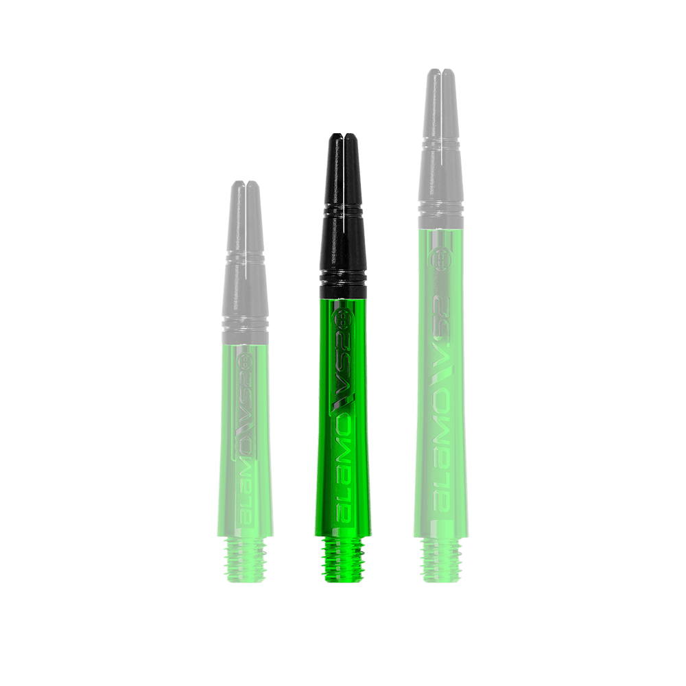 Harrows Alamo VS2 Shafts - Grün Das Bild zeigt drei grüne Dartschäfte mit schwarzem oberen Teil in unterschiedlichen Längen. Auf den Schäften steht der Schriftzug "ALAMO VS2".