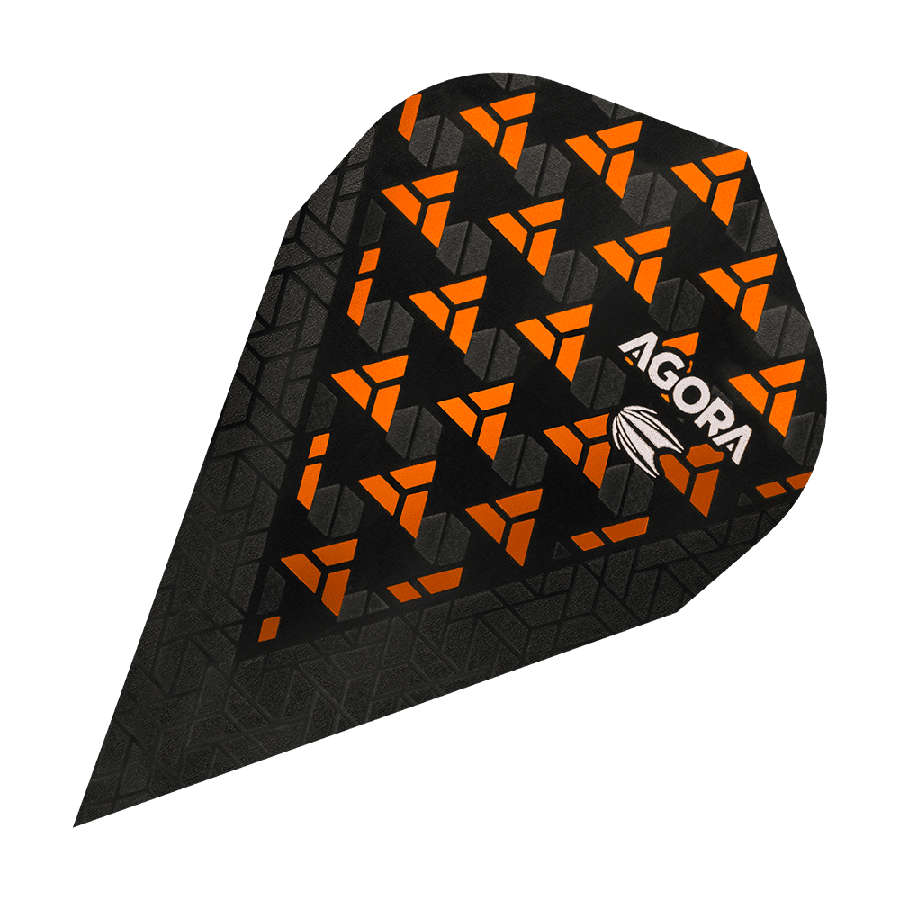 Das Bild zeigt einen Target Agora Ghost Orange Vapor Flight für Darts. Das Flight ist schwarz mit auffälligen orangefarbenen Mustern und dem Aufdruck „AGORA“.
