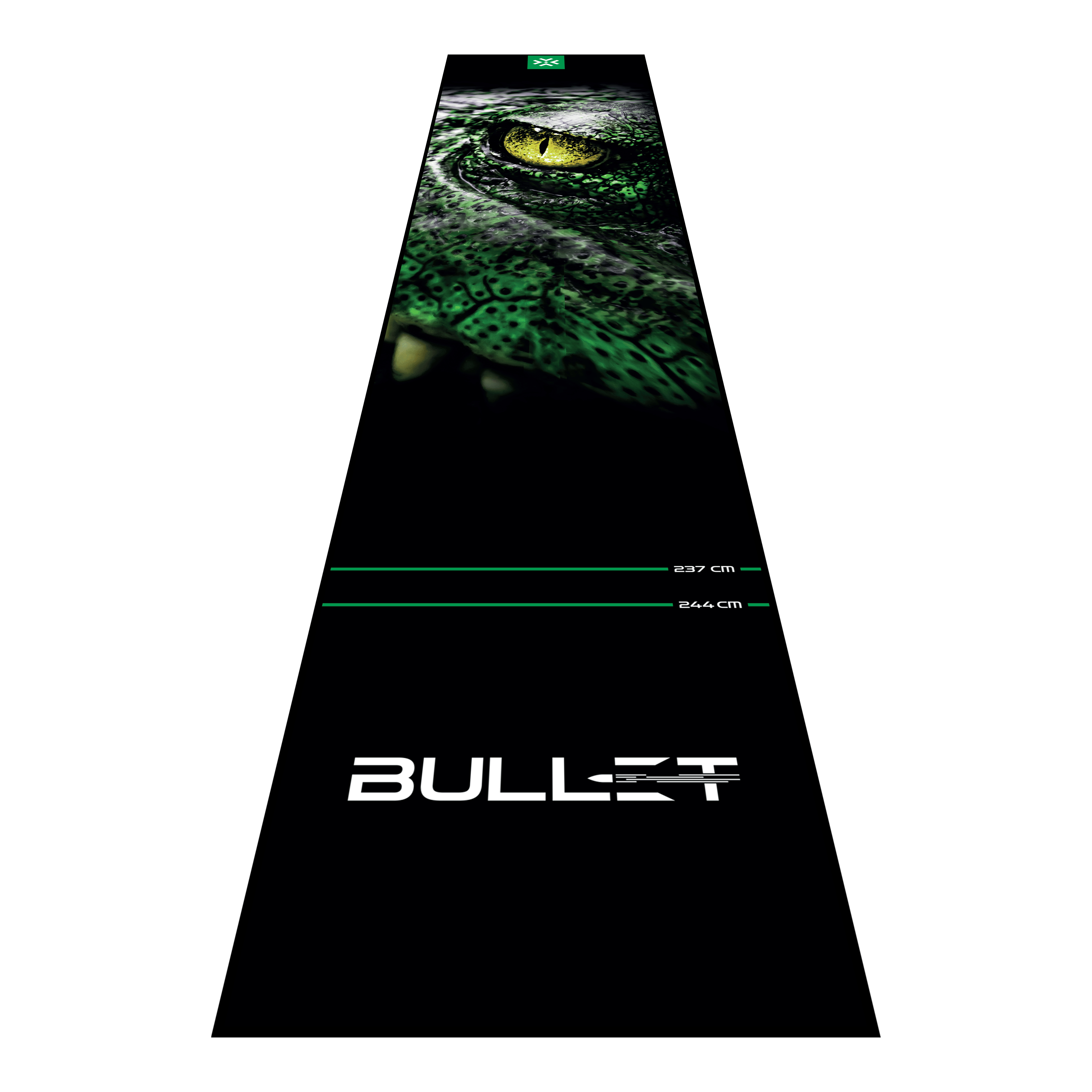 Bullet Gator Dartmatte Die Bullet Gator Dartmatte ist auf dem Bild zu sehen. Sie schützt den Boden und markiert die Abwurflinie beim Dartspiel.