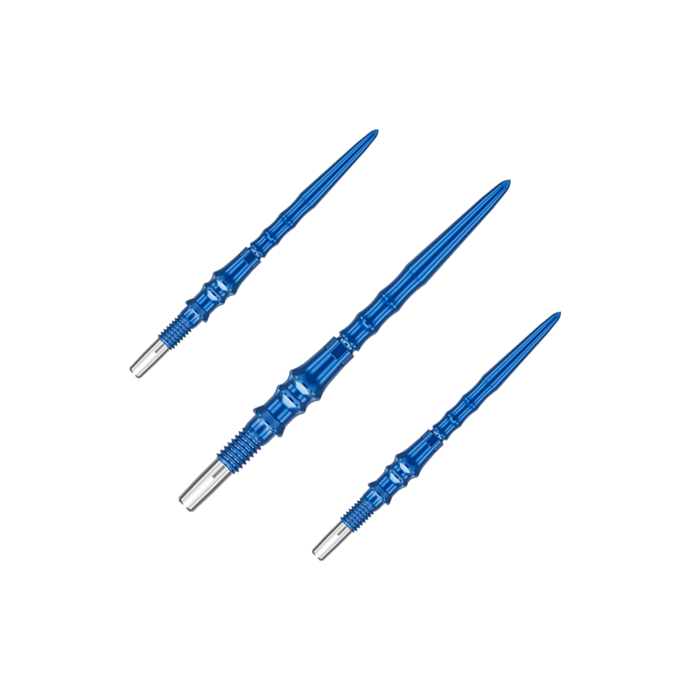 Target Japan Premium Swiss Point Dartspitzen - Blau Auf dem Bild ist ein Set von blauen Dartspitzen zu sehen. Die Spitzen sind jeweils 30 mm lang.