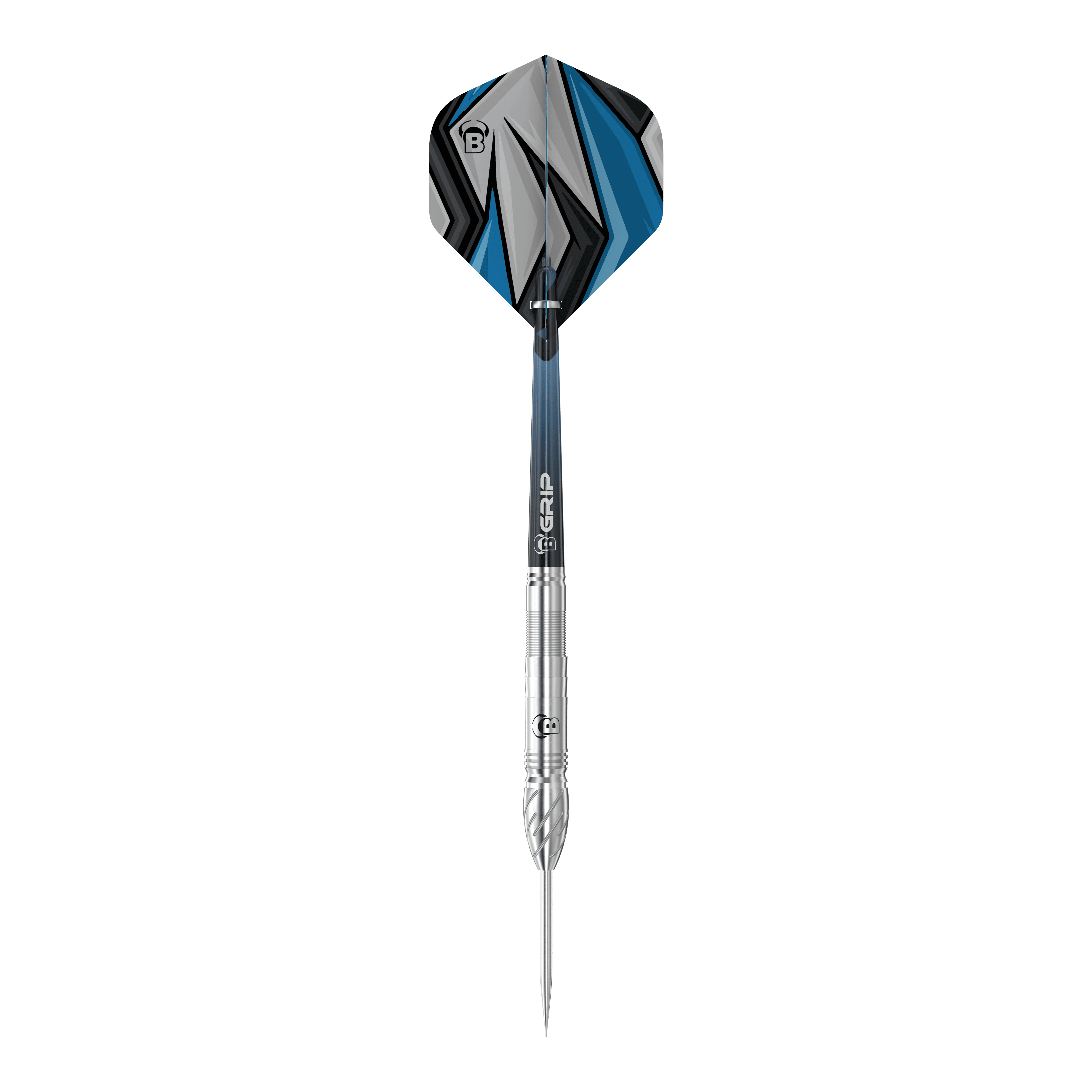 Bulls Stone S1 Steeldarts Das Bild zeigt einen Steeldart der Marke Bulls, Modell Stone S1. Der Dart hat eine silberne Spitze und Schaft sowie ein Flight mit blau-schwarzem Muster.