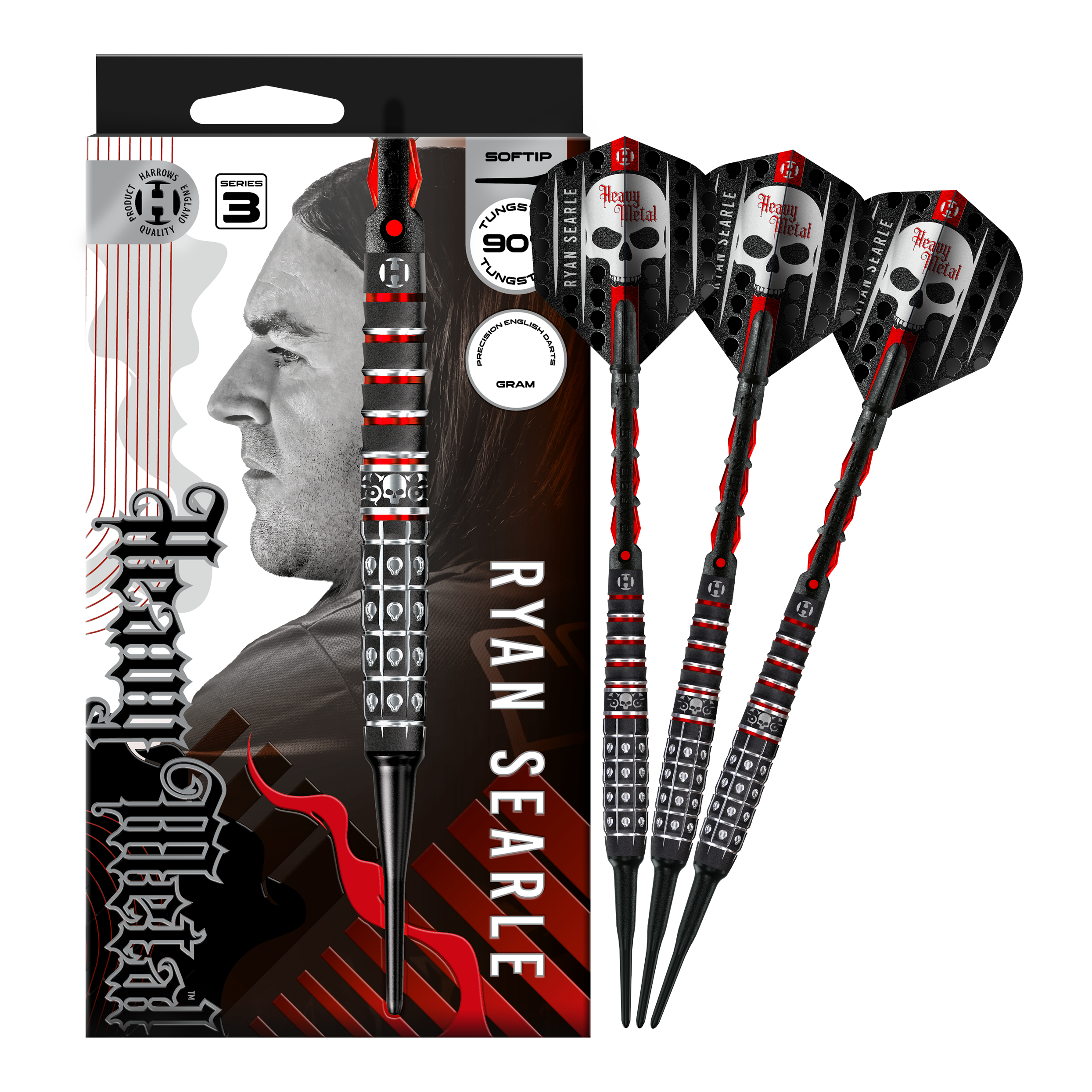 Harrows Ryan Searle Series 3 Softdarts Das Foto zeigt Harrows Ryan Searle Series 3 Softdarts in voller Ansicht. Der Artikel ist für Softdart-Spiele gedacht.