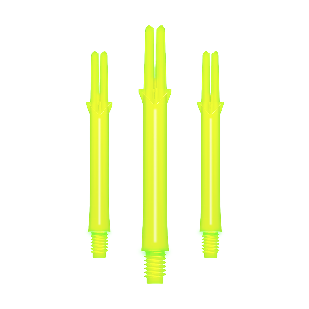 Das Bild zeigt drei gerade, neon-gelbe Dartschäfte in unterschiedlicher Länge. Sie sind aus Kunststoff und haben am unteren Ende ein Schraubgewinde.