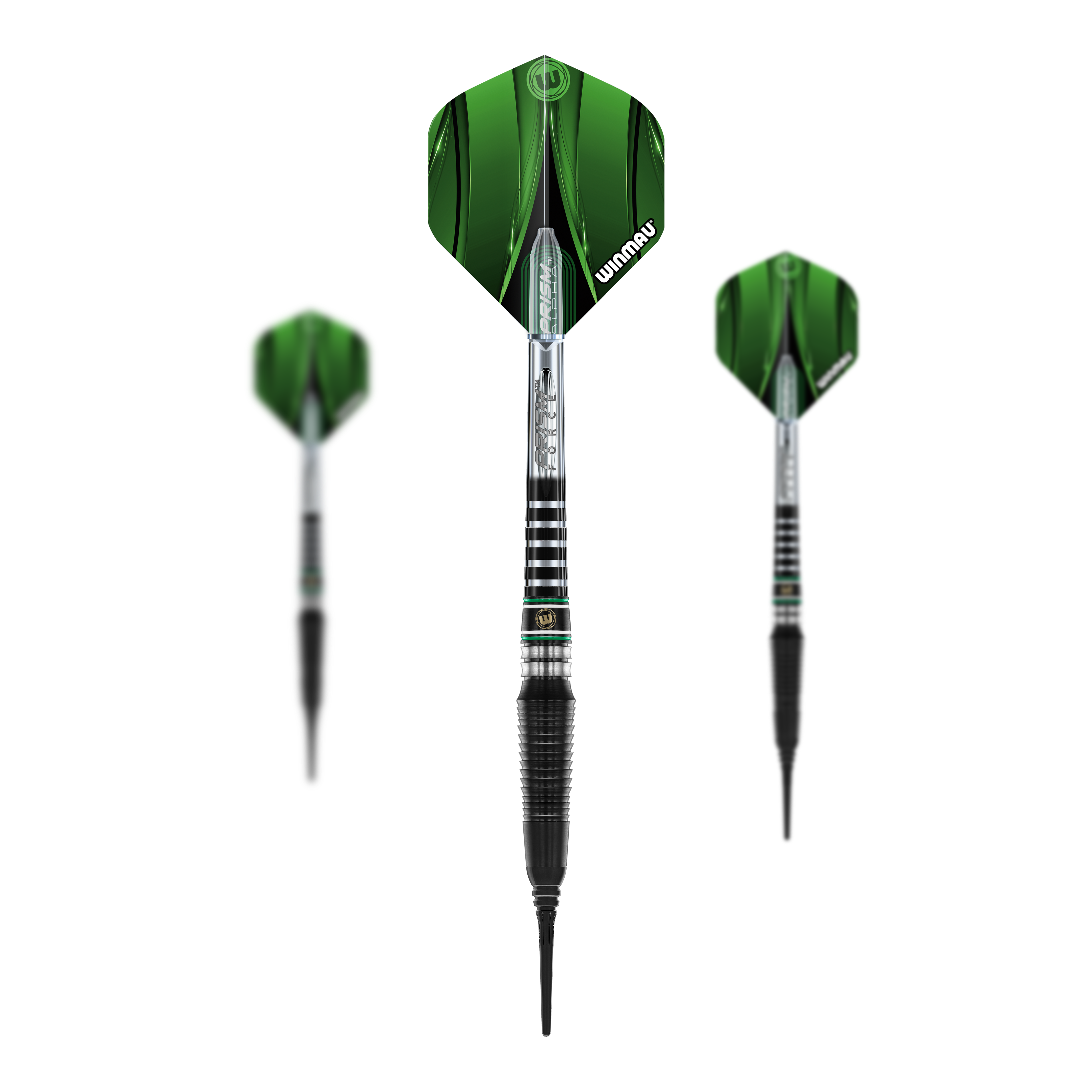 Winmau Sniper Black 2025 Softdarts - 20g Das Bild zeigt drei Winmau Sniper Black 2025 Softdarts mit einem Gewicht von 20g. Die Darts haben grüne Flights und ein schwarzes, silbernes Barrel-Design.