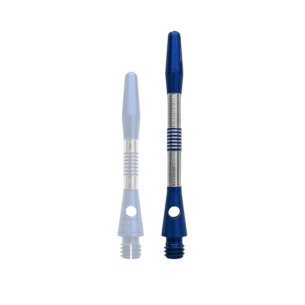 Das Bild zeigt einen einzelnen blauen BullsNL Cetra Aluminium Shaft mit 48 mm Länge. Er wird im Bereich Darts verwendet.