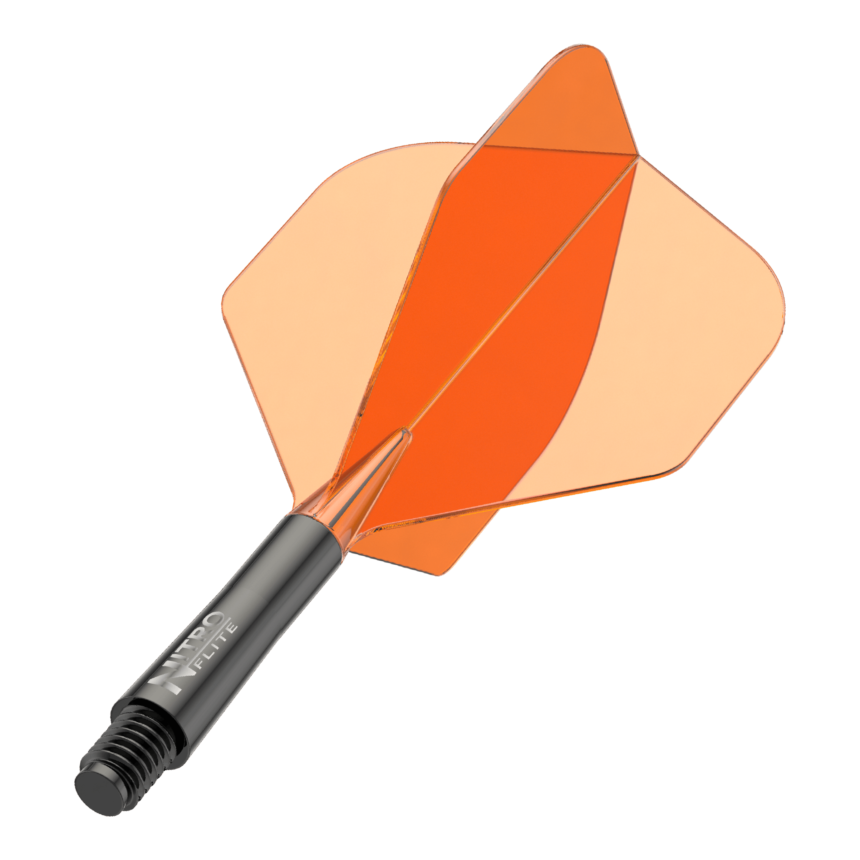 Red Dragon Nitroflite Black Shaft Orange Flights No2 Auf dem Bild ist ein schwarzer Dartschaft mit orangefarbenen Flights zu sehen. Es handelt sich um ein Zubehör für Dartpfeile.