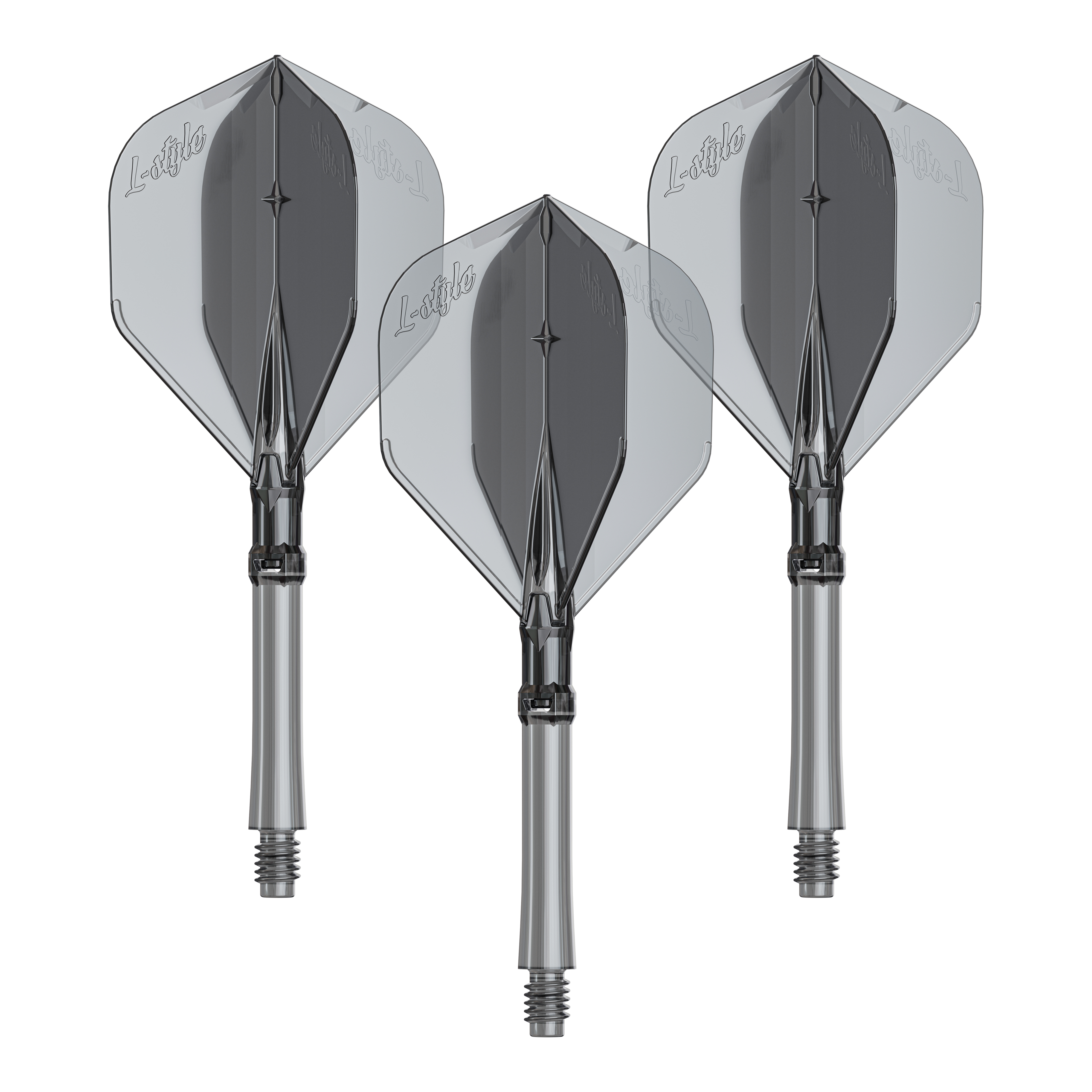L-Style L-Sytem Flights - Clear Black-330 Dieses Bild zeigt ein L-Style L-System Flight Set in durchsichtigem Schwarz. Es handelt sich um Zubehör für Dartpfeile.