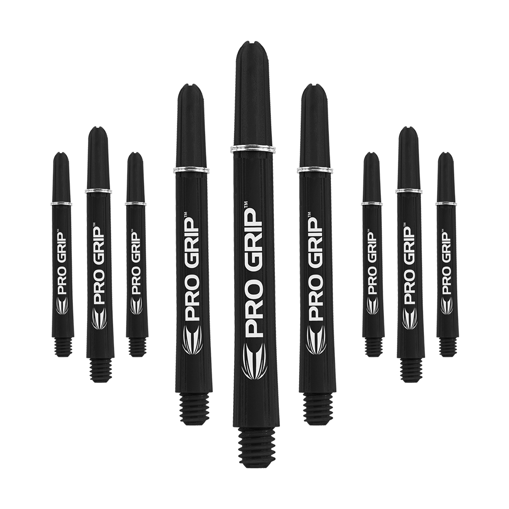 Auf dem Bild sind neun schwarze Pro Grip Dartschäfte zu sehen. Sie sind in drei Reihen angeordnet und auf jedem Schaft steht "PRO GRIP" in weißer Schrift.