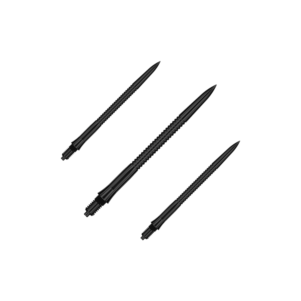 Abgebildet ist ein Set schwarzer, gerillter Dartspitzen mit 36 mm Länge. Die Datei trägt den Namen EVO203_Caliburn_EZ-EVO_Dartspitzen_Grooved_Schwarz_36mm_1Set.