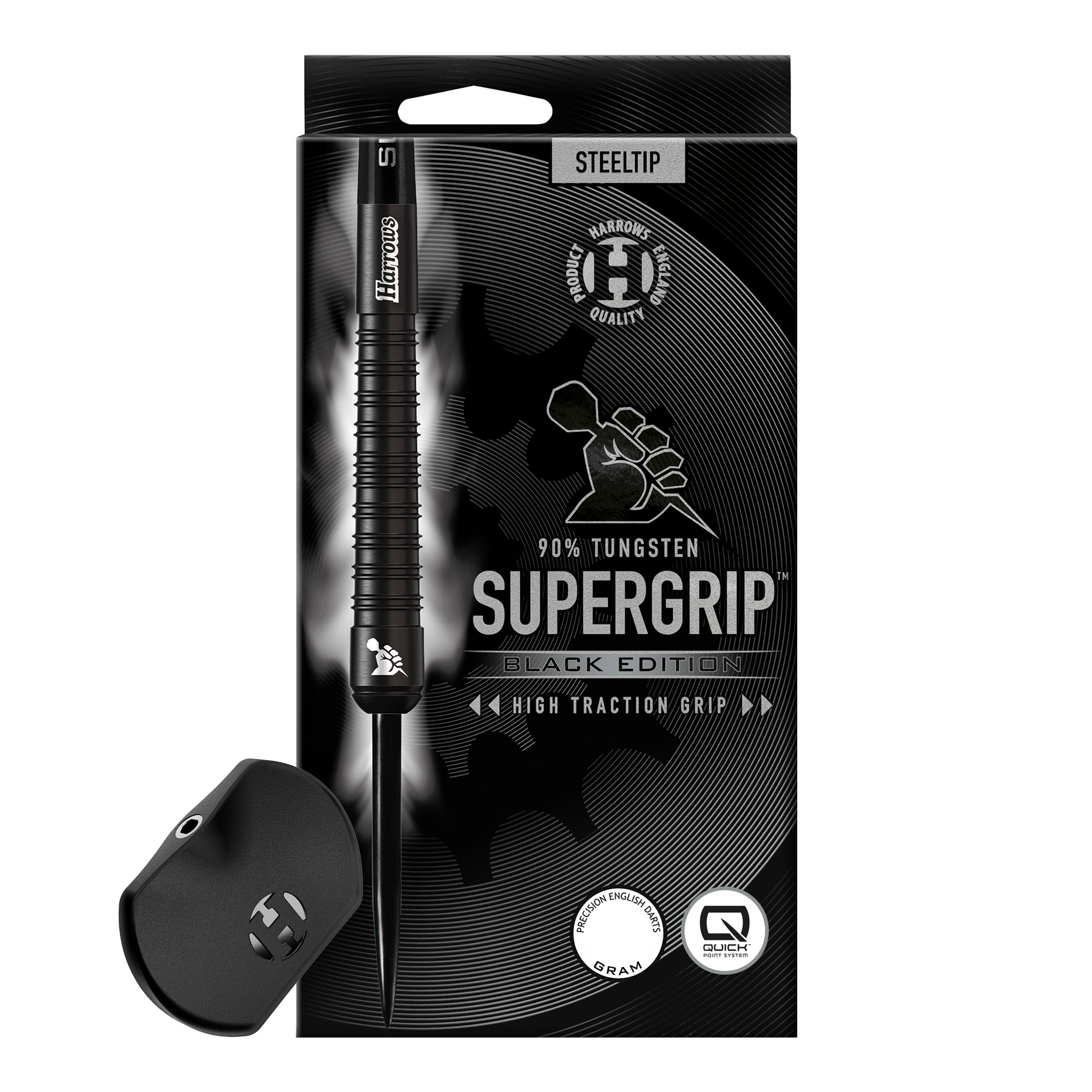 Harrows Supergrip 90 Black Edition Quick Point Steeldarts sind schwarze Steeldarts mit auffälligem Design. Sie sind ideal für präzises und professionelles Dartspiel.