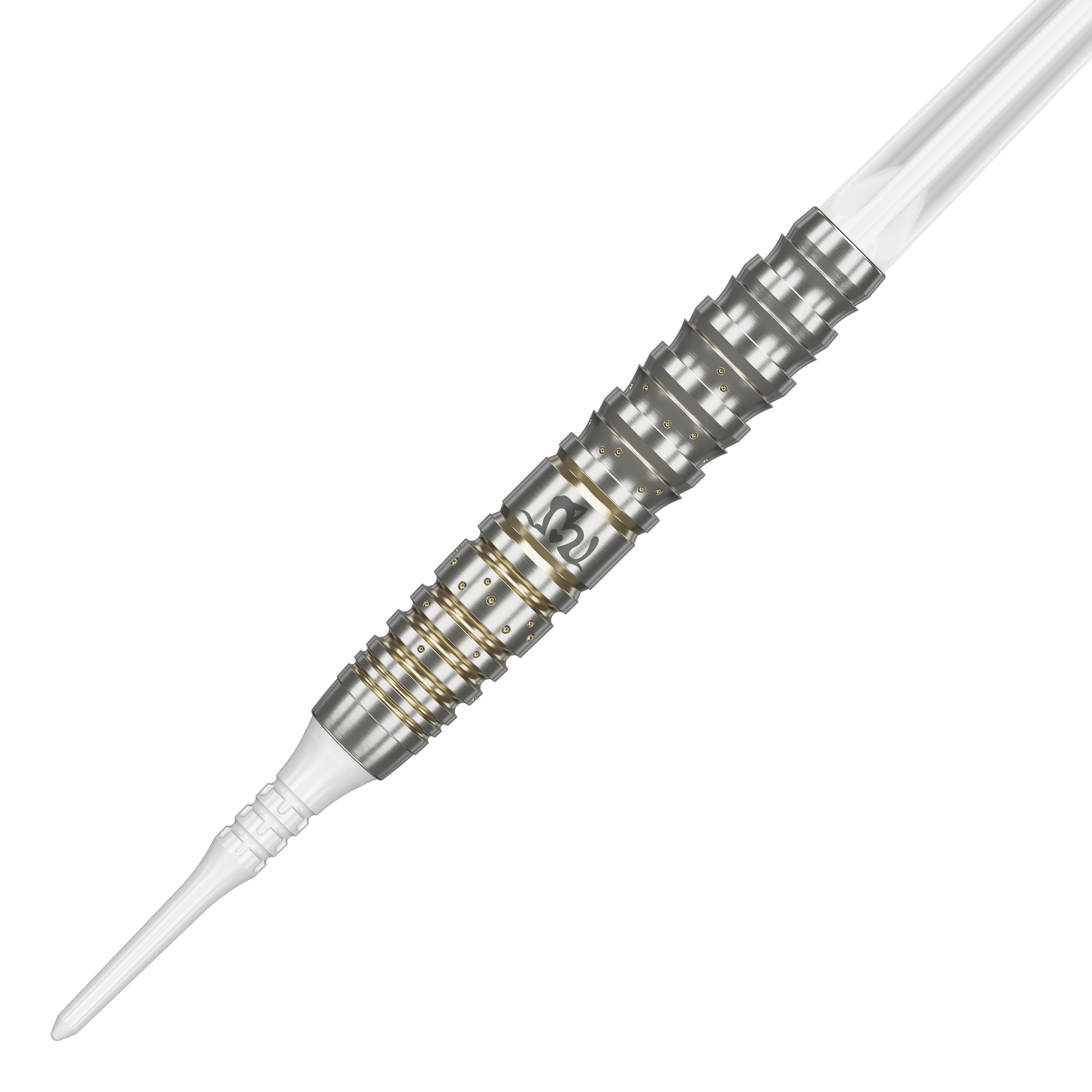 Target Japan Prime Series Mayujo Morita GEN6 Softdarts - 18g Das Bild zeigt einen Softdart der Produktreihe "Target Japan Prime Series Mayujo Morita GEN6" mit 18 Gramm Gewicht. Der Dart ist silbern mit goldenen Ringen und hat eine weiße Spitze.