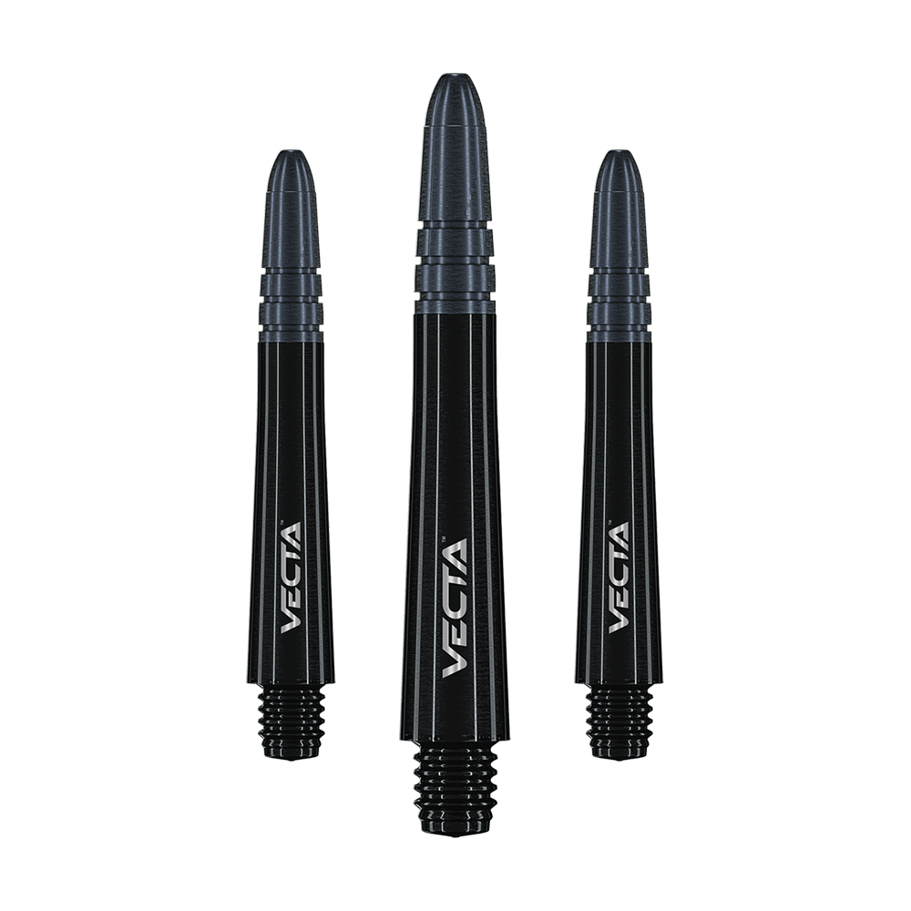 Auf dem Bild sind drei schwarze Dartschäfte mit der Aufschrift "VECTA" zu sehen. Sie sind unterschiedlich hoch angeordnet und haben ein elegantes, modernes Design.