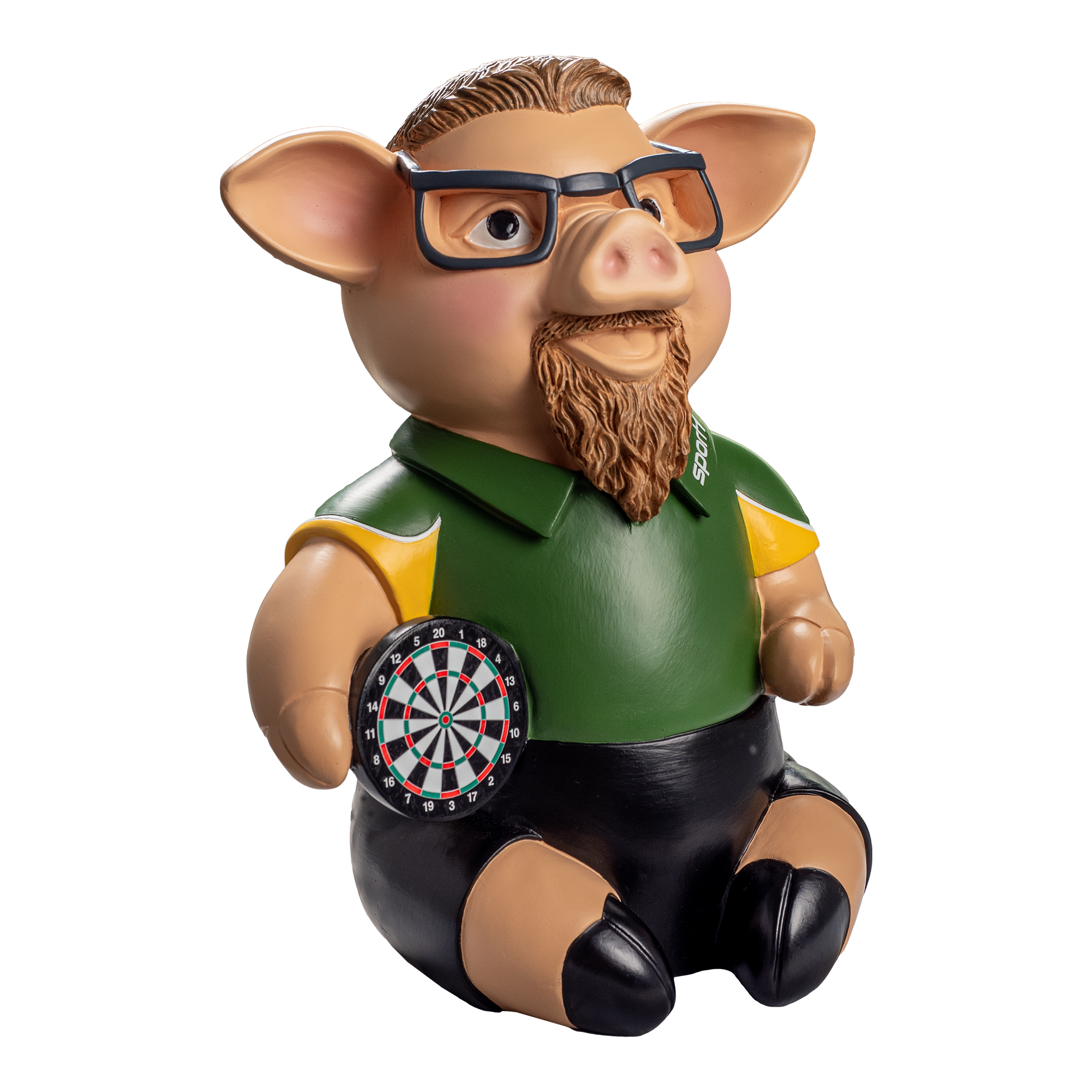 Sport1 Zaubermeister Phrasenschwein Das Bild zeigt eine Figur eines Schweins mit Brille und Bart, das ein Dartboard in der Hand hält. Das Schwein trägt ein grünes Sportshirt mit der Aufschrift "Sport1".