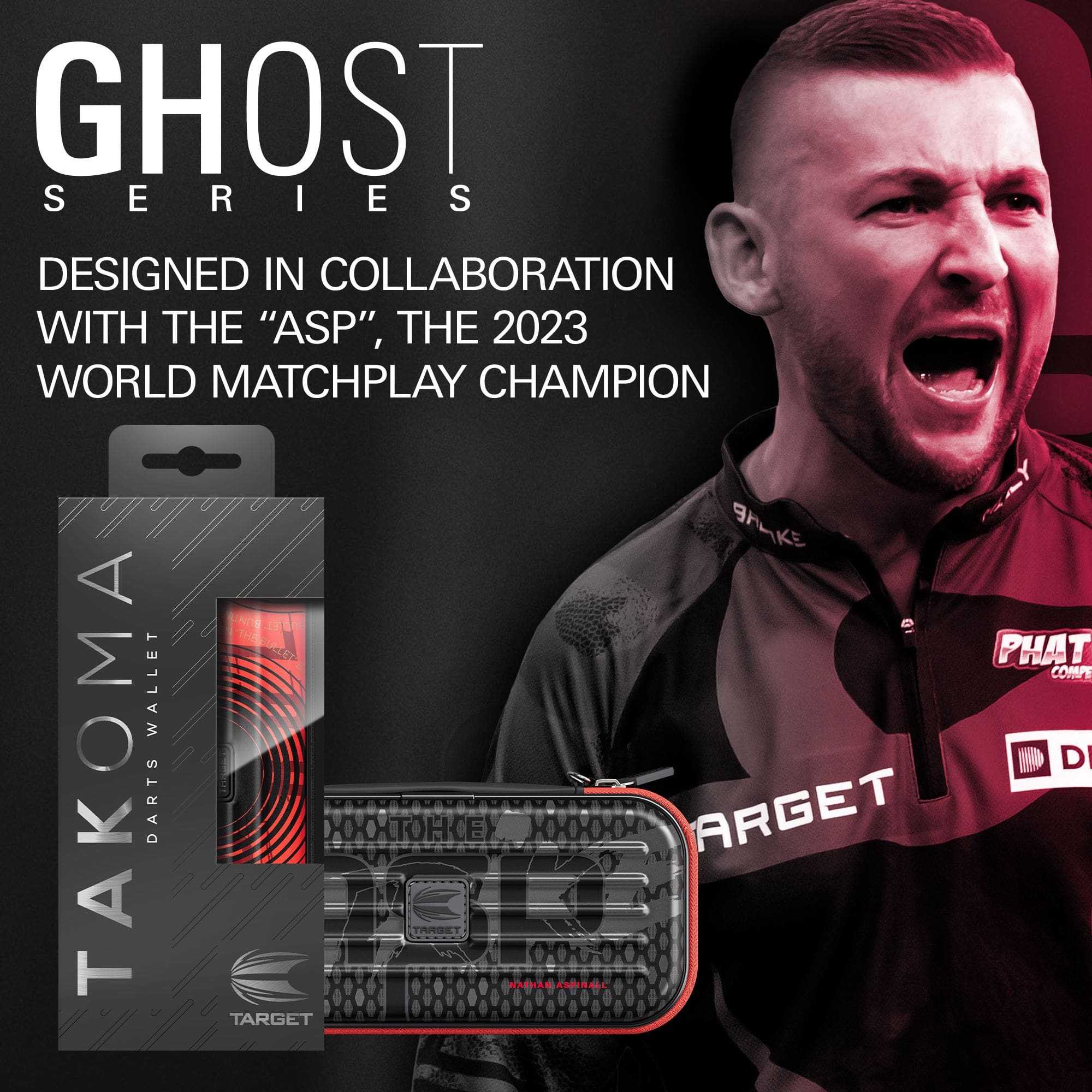 Takoma Ghost Series Nathan Aspinall Dartcase Zu sehen ist das Takoma Ghost Series Nathan Aspinall Dartcase. Es dient zum sicheren Transport und zur Aufbewahrung von Dartpfeilen.