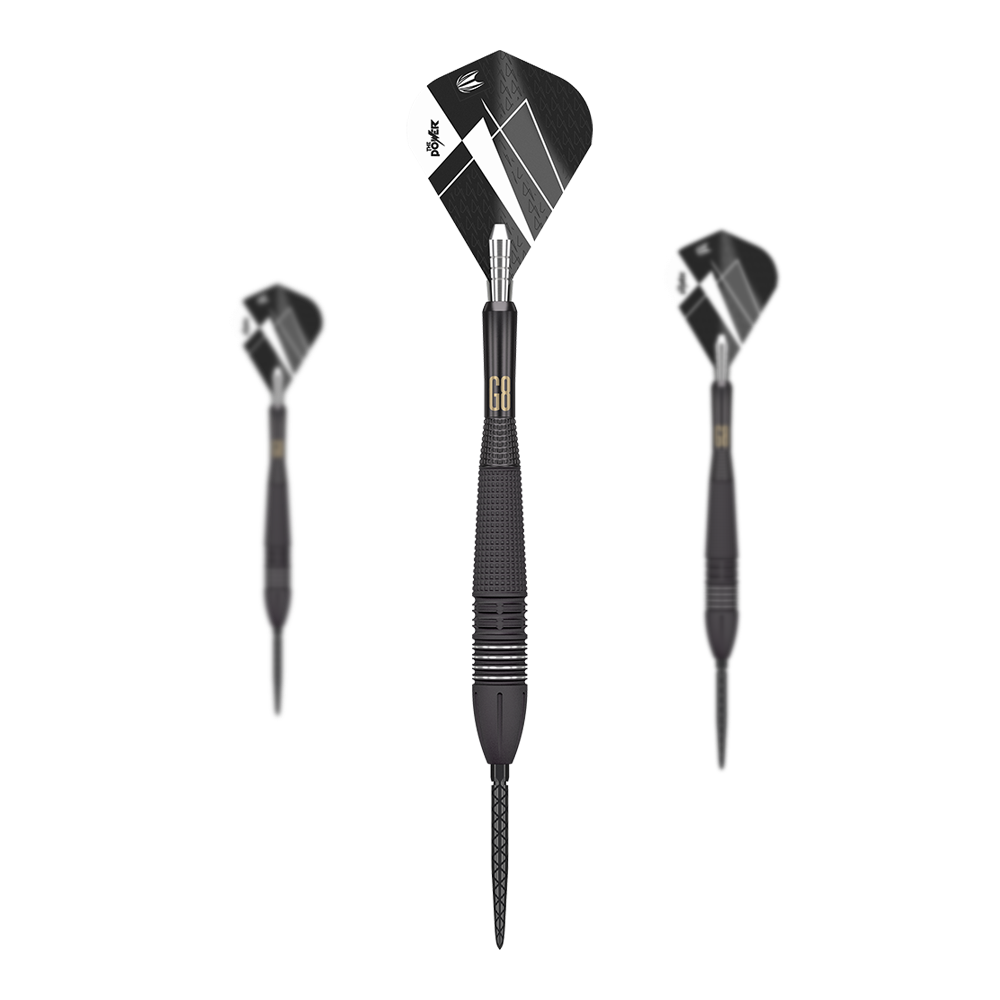 Das Bild zeigt drei Steeldarts des Modells "Target Phil Taylor Power 9Five GEN8 Swiss Point". Die Darts haben ein modernes schwarzes Design mit silbernen und weißen Akzenten.