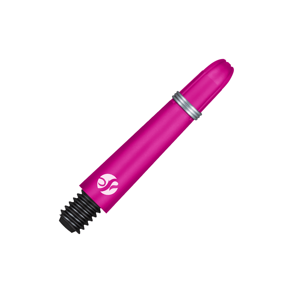 Shot Koi Carbon Shafts - Pink Das Bild zeigt einen pinkfarbenen Dartshaft mit Schraubgewinde. Der Schaft hat einen silbernen Ring und ein weißes Logo.