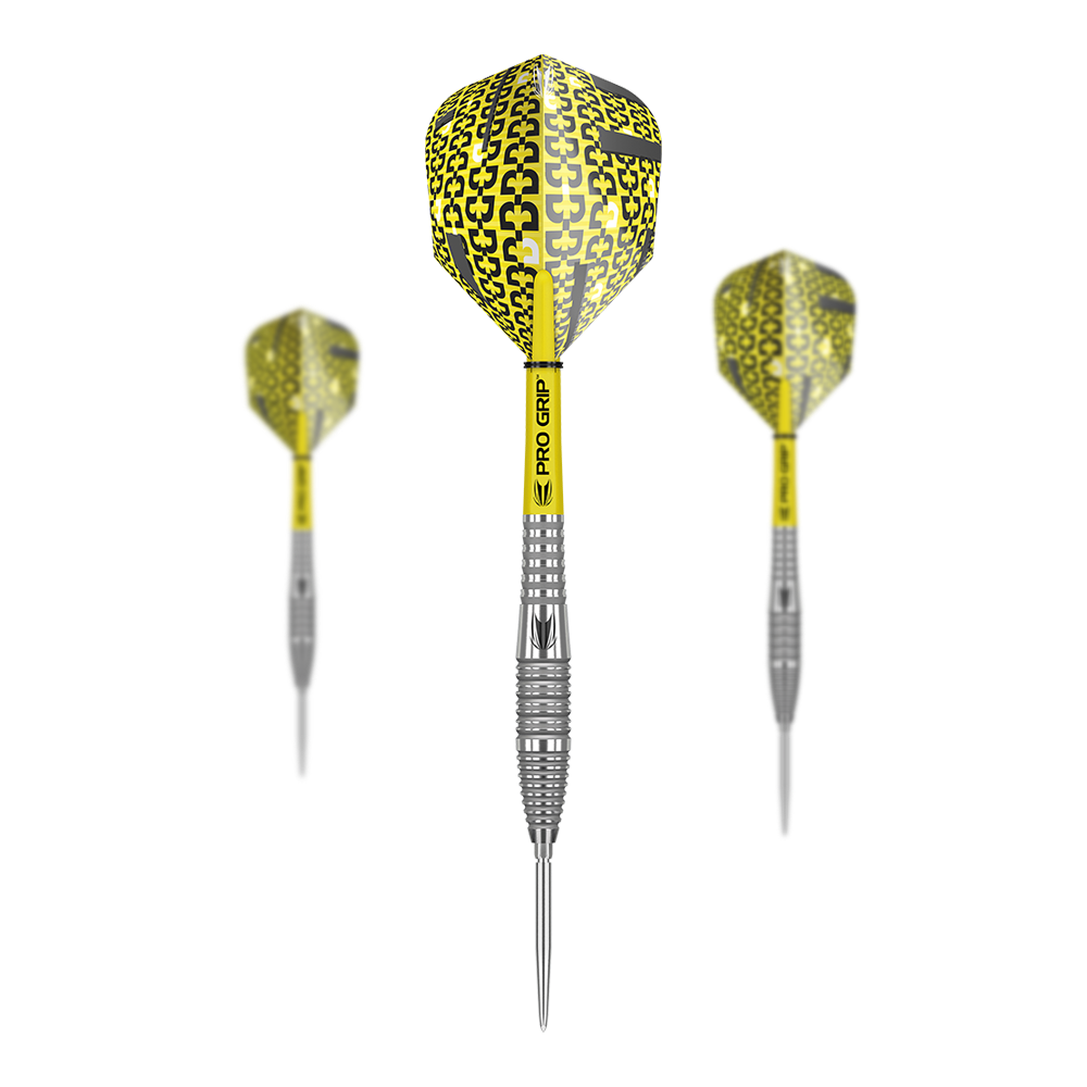Target Bolide 05 Swiss Point Steeldarts Das Bild zeigt drei Target Bolide 05 Swiss Point Steeldarts mit gelben Flights und silbernen Spitzen. Die Darts haben auffällige Pro Grip Schäfte und ein modernes Design.