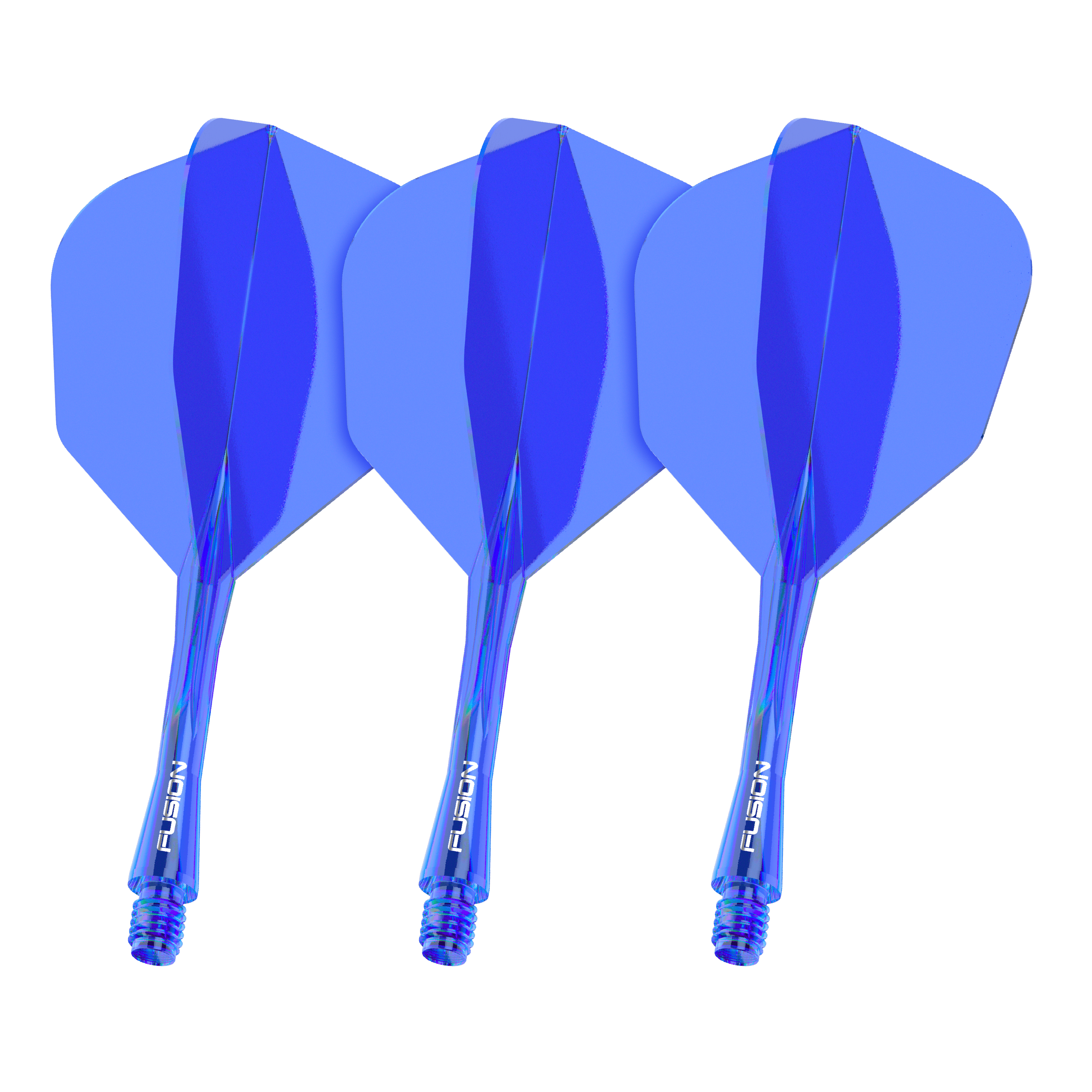 Abgebildet ist ein Set mit dem Dateinamen 8837_Winmau_Fusion_Flight_Shaft_System_No6_Blau_28mm_1Set. Das Bild zeigt wahrscheinlich ein blaues Dartzubehör-Set mit 28mm Schaft.