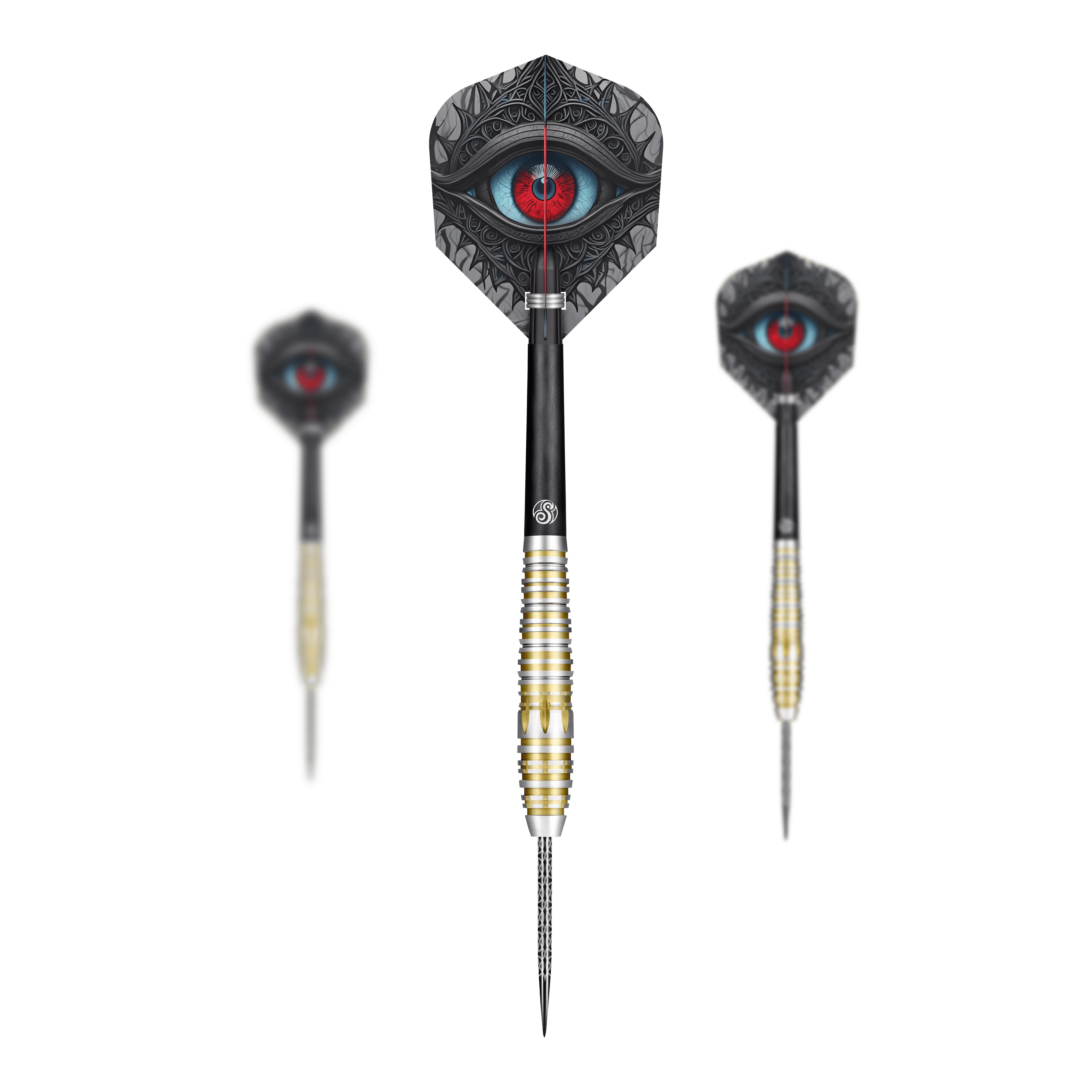 Shot Celt Balor Steeldarts Das Bild zeigt drei Steeldarts des Produkts „Shot Celt Balor Steeldarts“ vor schwarzem Hintergrund. Auf den Flights ist ein auffälliges, stilisiertes Auge in leuchtenden Farben abgebildet.