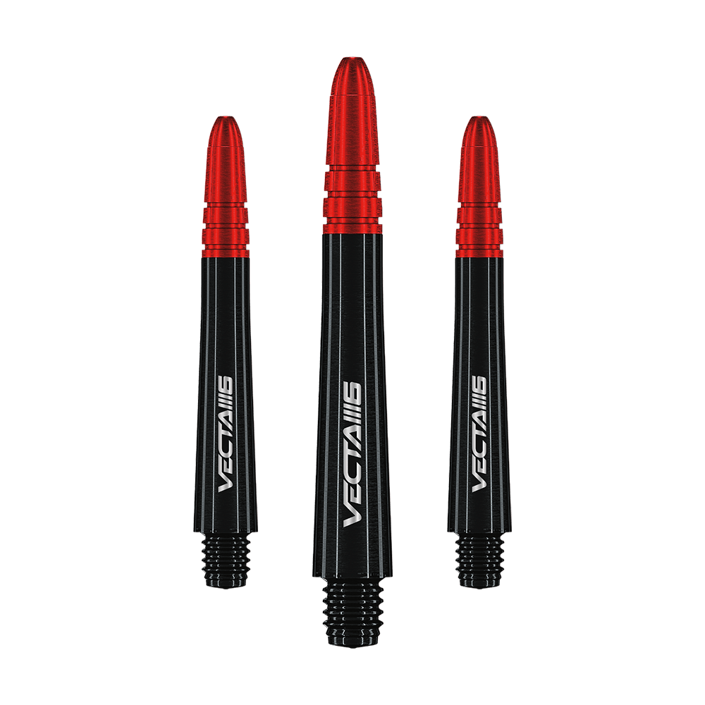 7025_207_Winmau_Vecta_Blade6_Shafts_46mm_1y597gXMyAJMlq Das Bild zeigt drei Winmau Vecta Shafts - Blade 6. Die Shafts sind schwarz mit einem roten oberen Abschnitt und weißem Schriftzug.