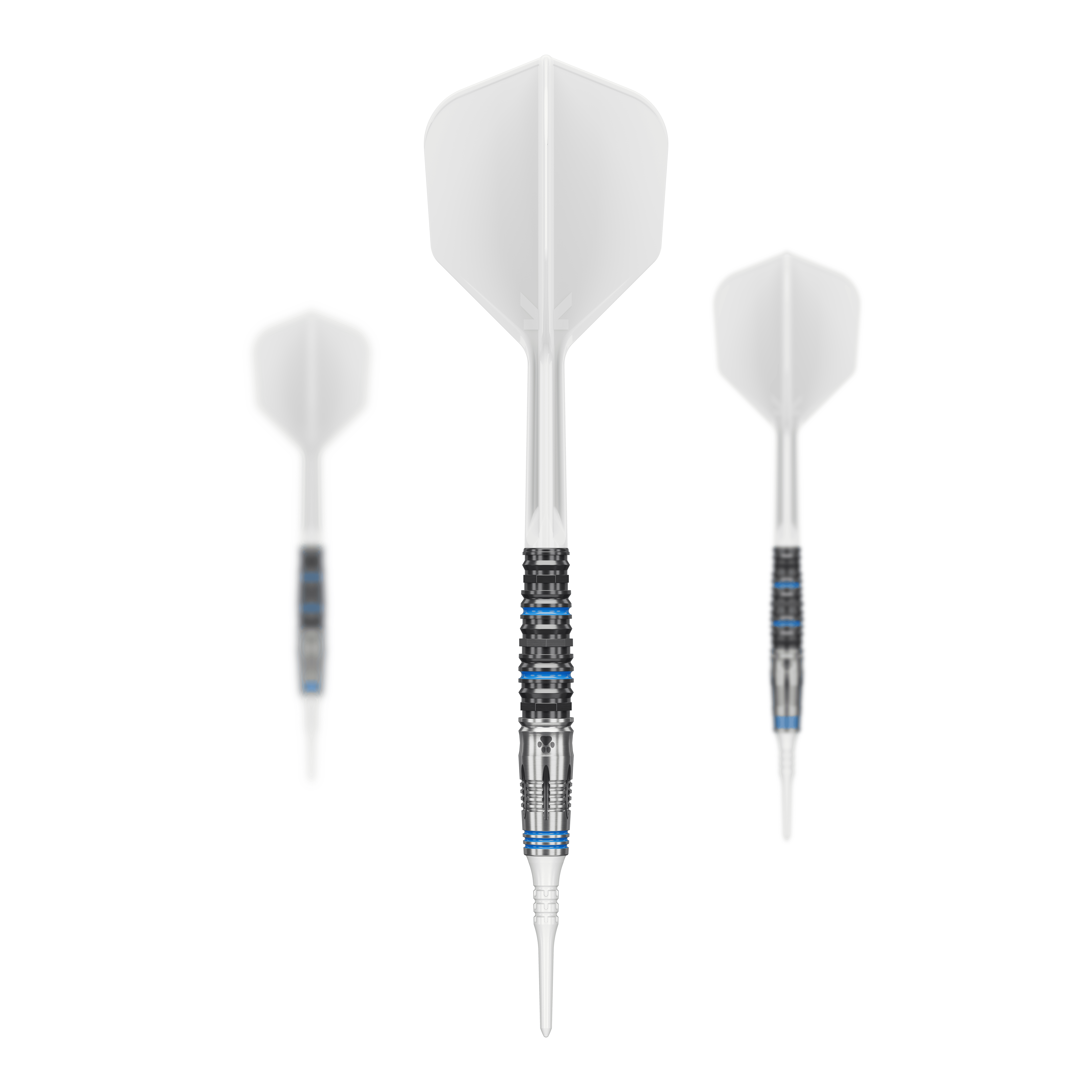Das Bild zeigt drei Softdarts mit weißen Flights und silber-blau-schwarzen Schäften. Es handelt sich um das Produkt "Target Japan Airi Hirano Charm Kanon GEN4 Softdarts - 17,5g".