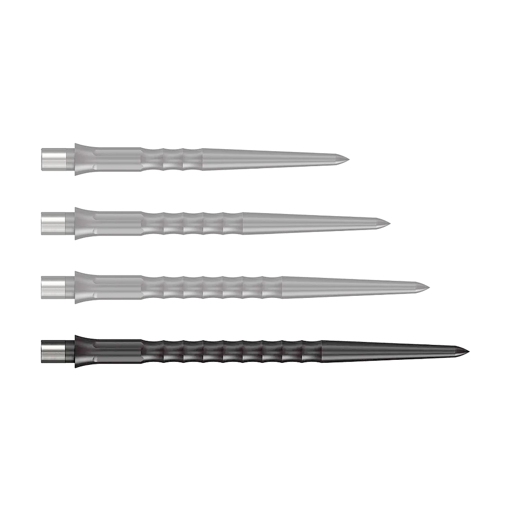 Abgebildet sind schwarze Steeldartspitzen des Caliburn Evo Systems mit 40 mm Länge. Die Steeldartspitze ist einzeln auf weißem Hintergrund zu sehen.
